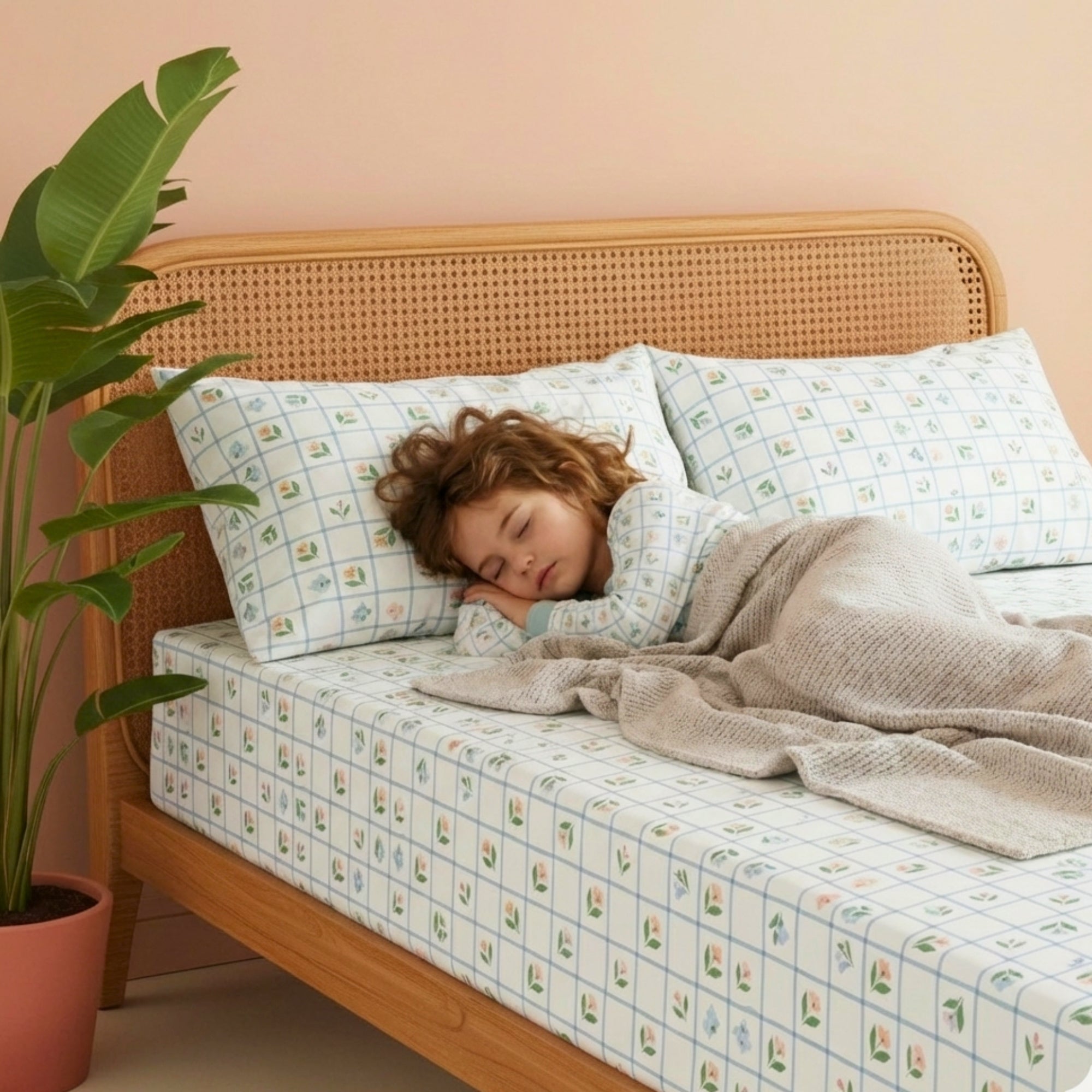 Sage Green & White Grid Pattern with Dainty Floral Screen Print – Soft, Breathable Flat Sheet