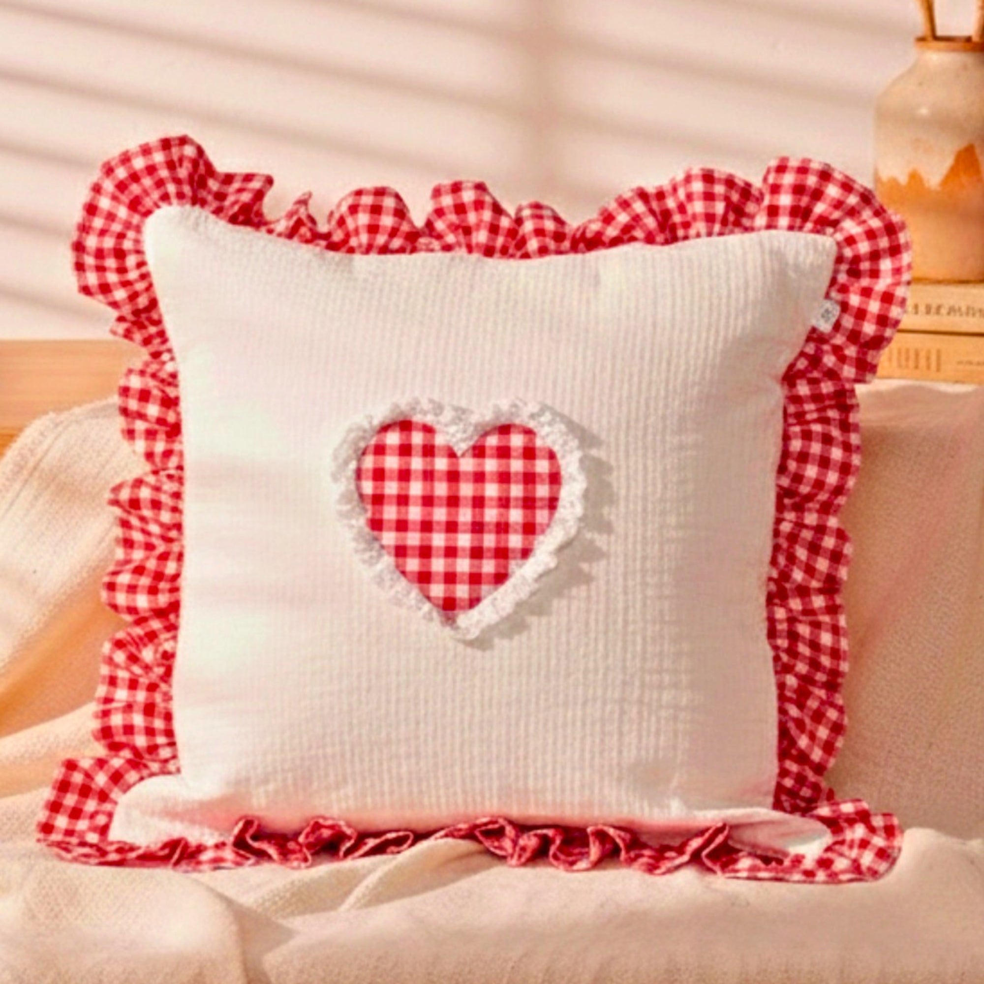 Red Gingham Heart Ruffle Cushion