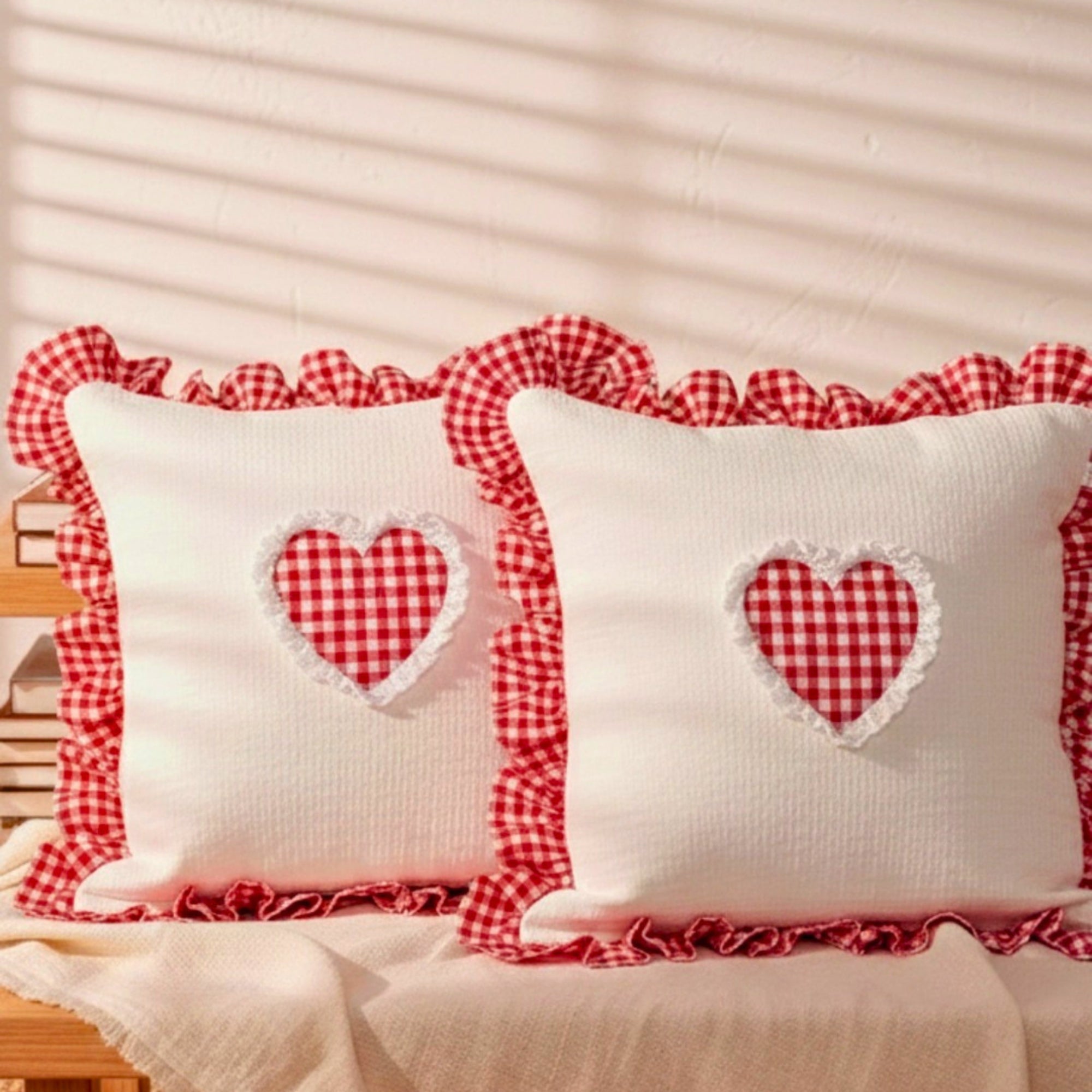 Red Gingham Heart Ruffle Cushion