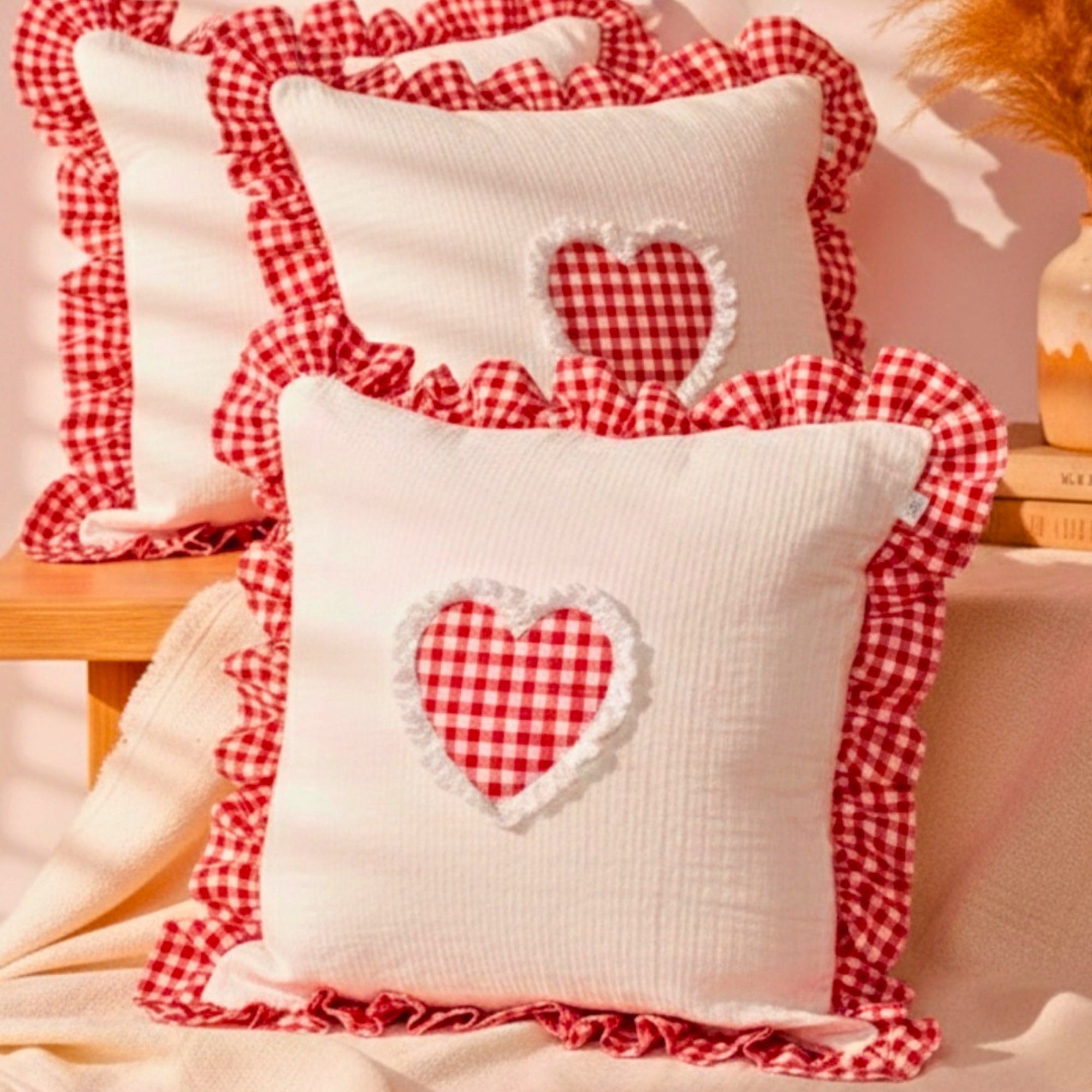 Red Gingham Heart Ruffle Cushion