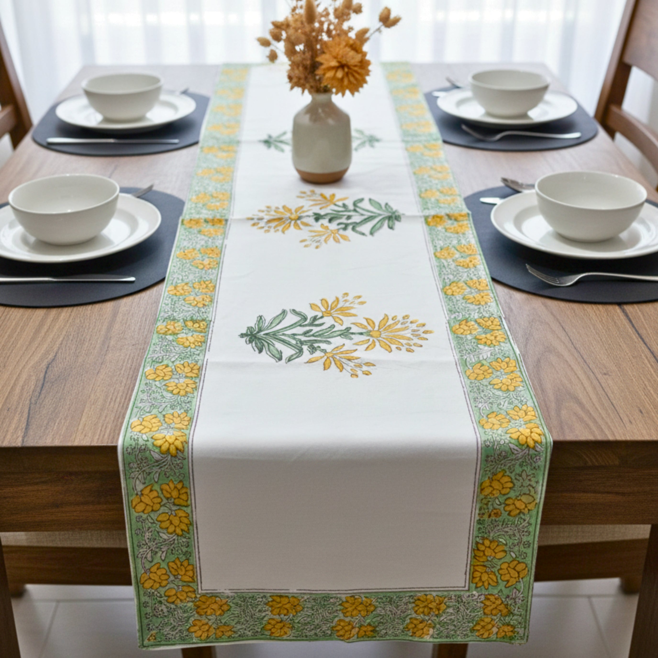 Hand Block Print Canvas Table Runner Yellow & Green Floral Motif Durable Cotton Canvas Table Linen.