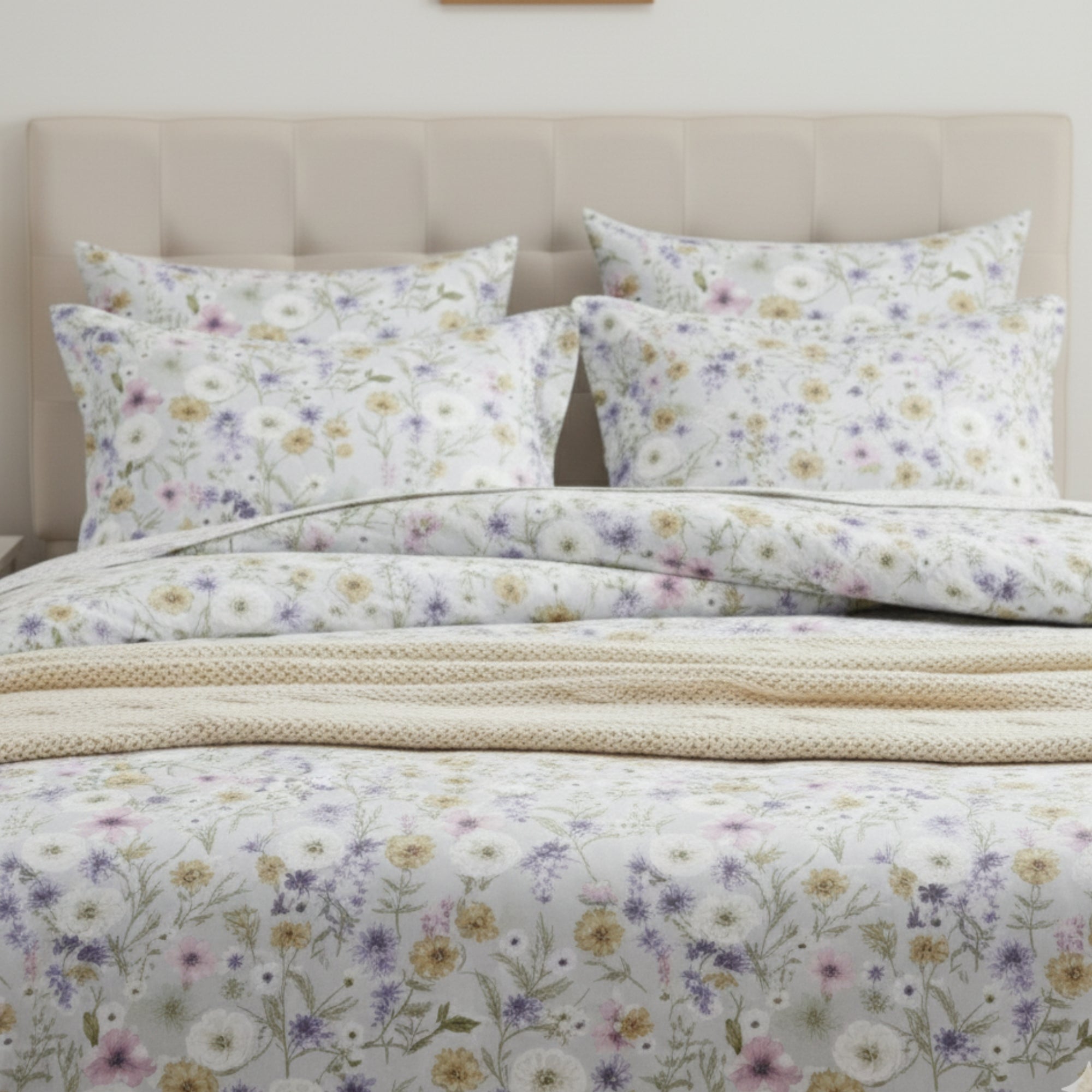 Cotton Double Bedsheet White Bedsheet with Yellow, Blue & Pink Floral Print.