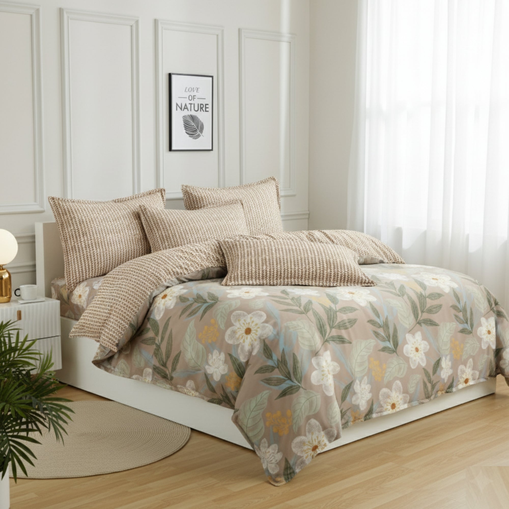 Bedsheet for Double Bed Queen Size Brown Floral Print.