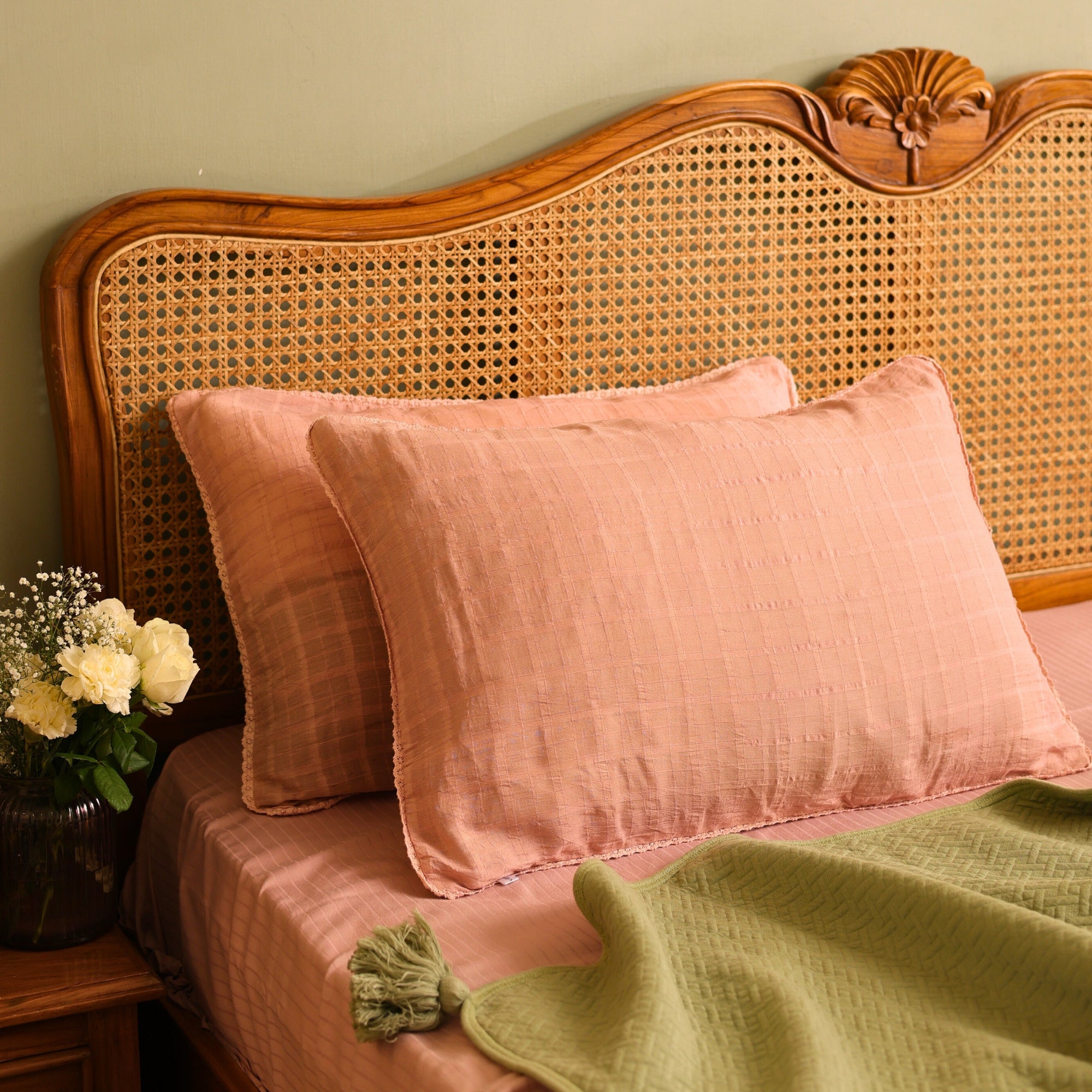 Blush Pink Cotton Dobby laced Pillow Cover