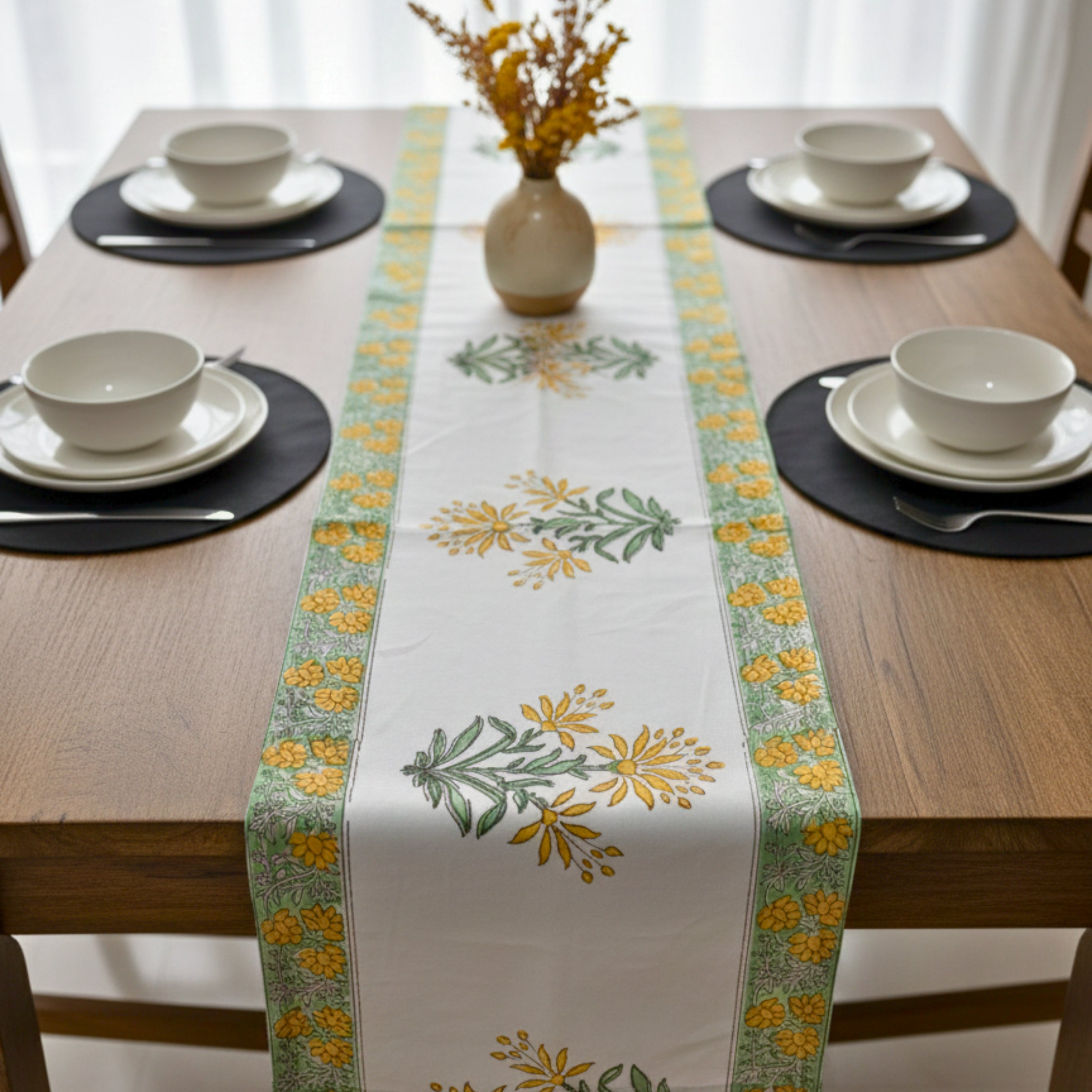Hand Block Print Canvas Table Runner Yellow & Green Floral Motif Durable Cotton Canvas Table Linen.