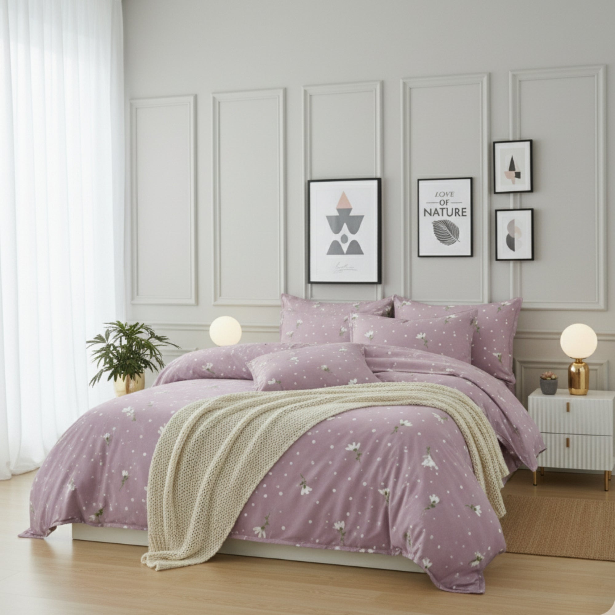 Bedsheet for Double Bed Queen Size, Mauve Purple with White Floral & Polka Dot Print .