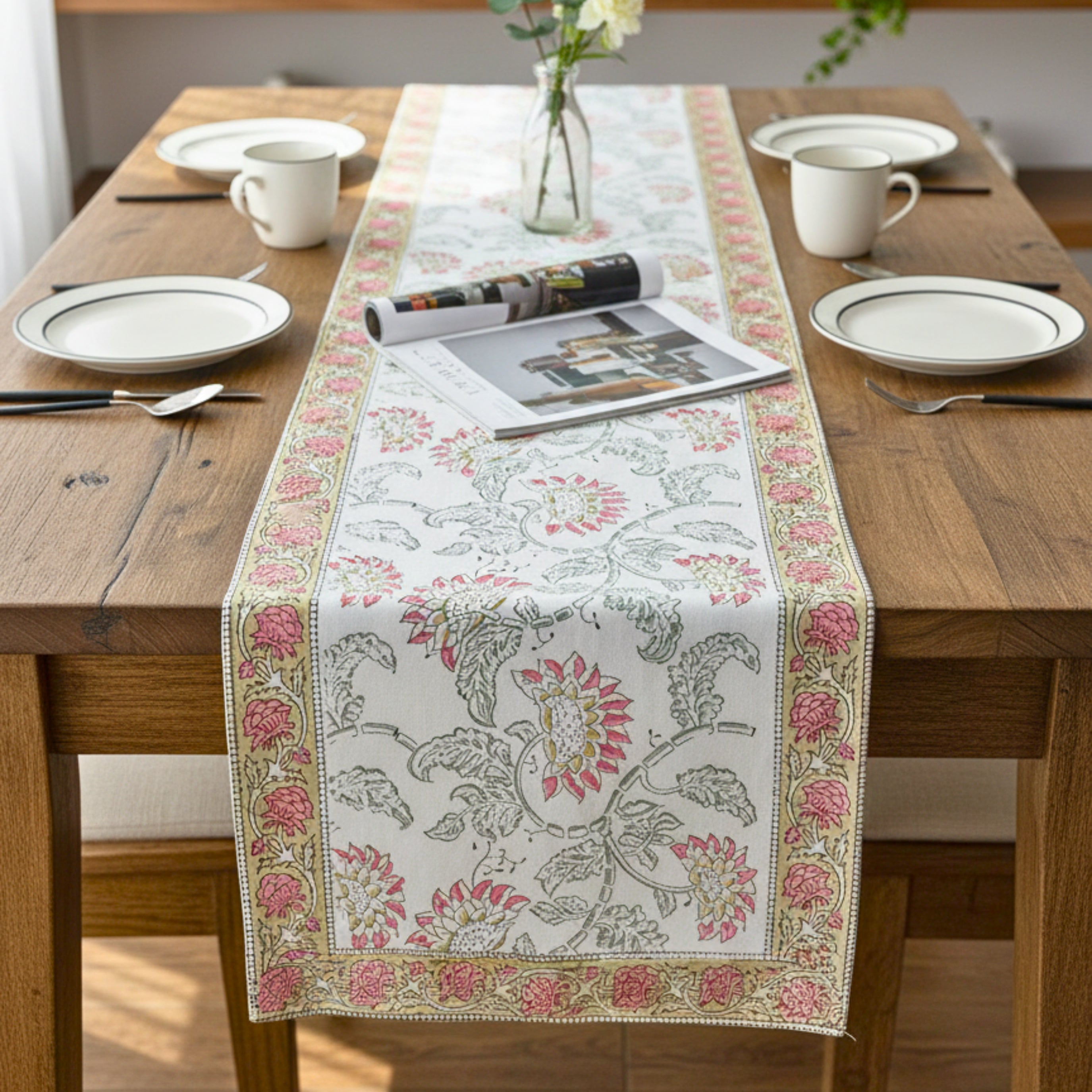 Hand Block Print Canvas Table Runner Pink & Dusty Green Floral Vine Motif Durable Cotton Canvas Dining Linen.
