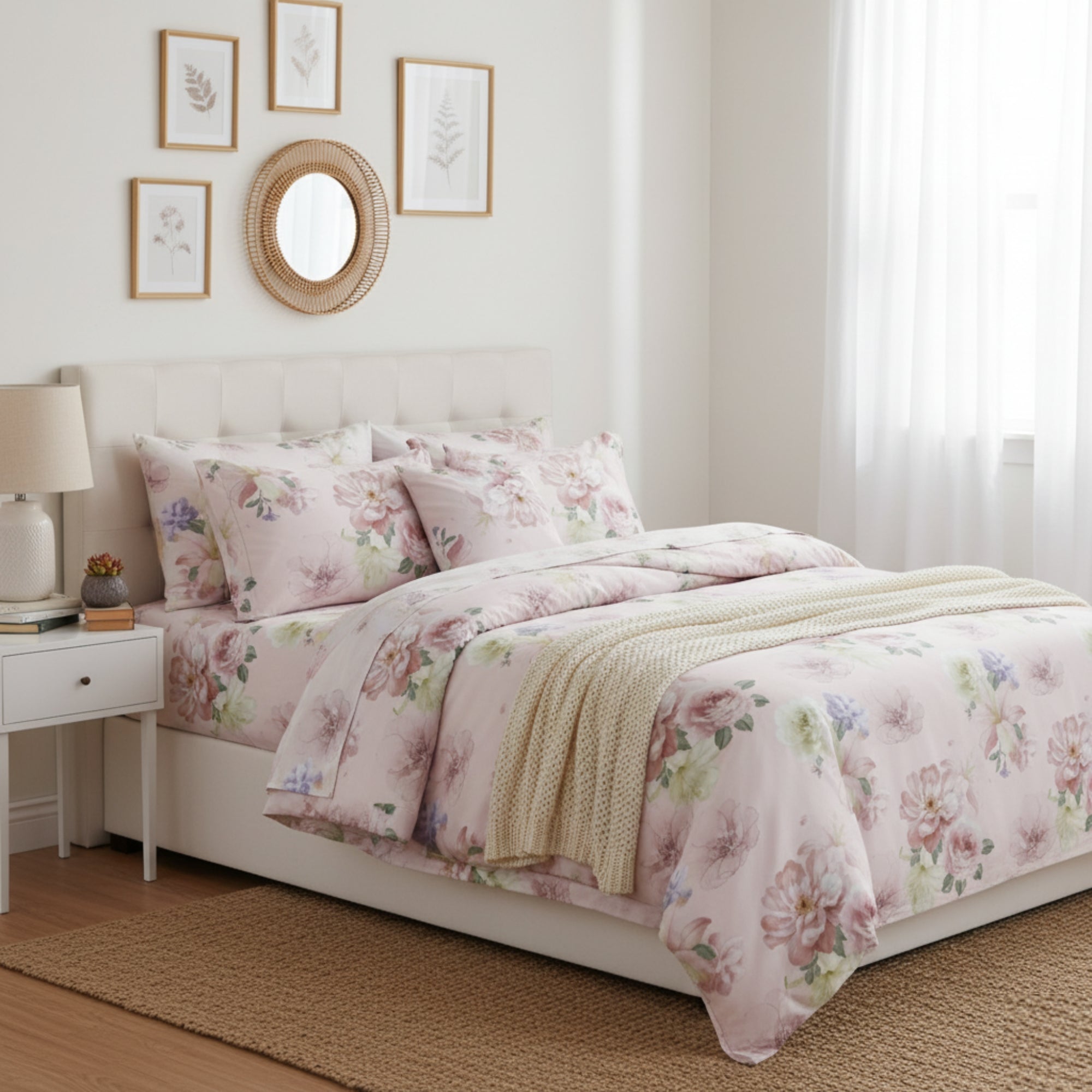 Bedsheet Soft Cotton Double Bed Sheet, Light Cream with Pastel Floral Print, Includes 2 Pillow Covers, Breathable & Durable Bedding S