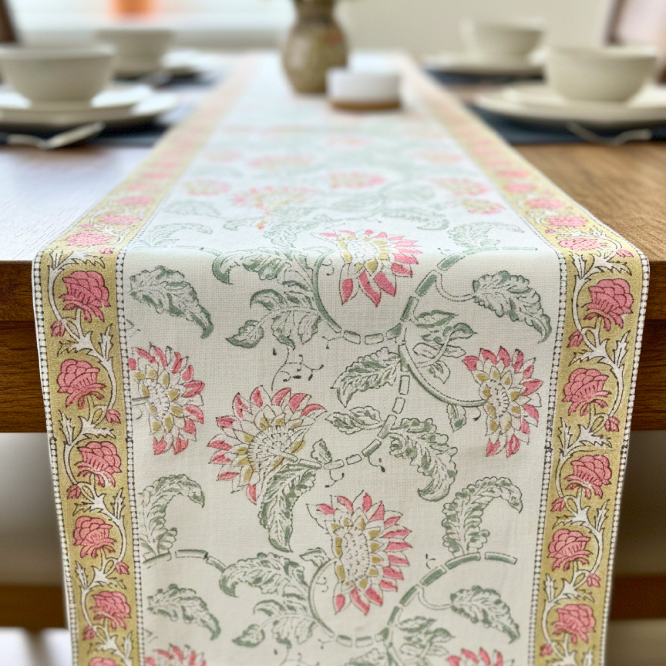 Hand Block Print Canvas Table Runner Pink & Dusty Green Floral Vine Motif Durable Cotton Canvas Dining Linen.