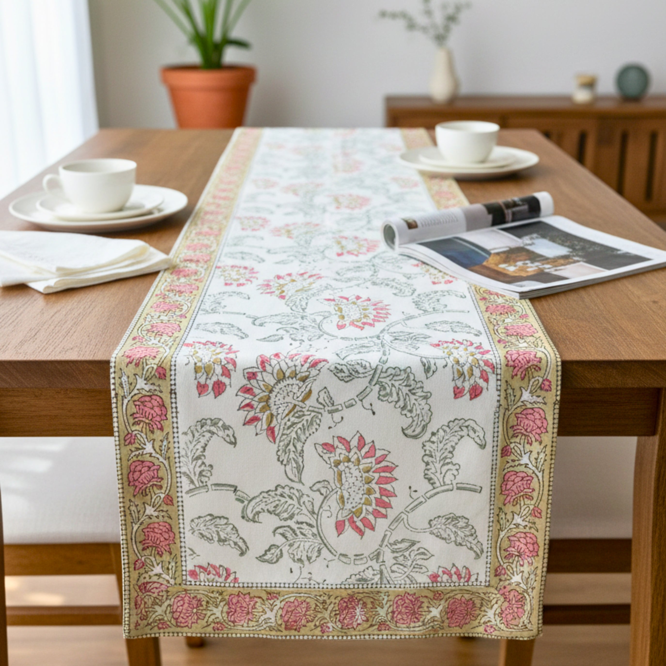 Hand Block Print Canvas Table Runner Pink & Dusty Green Floral Vine Motif Durable Cotton Canvas Dining Linen.