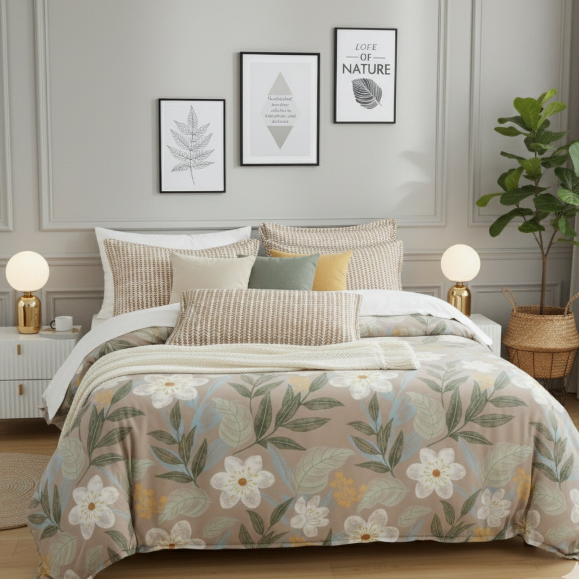 Bedsheet for Double Bed Queen Size Brown Floral Print.