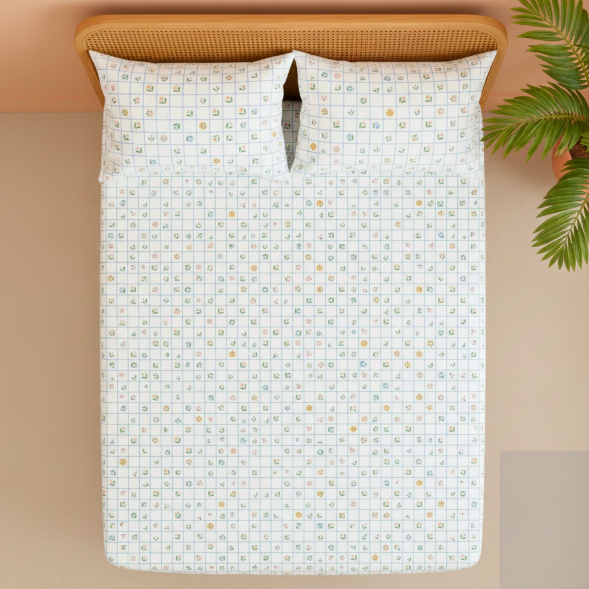 Sage Green & White Grid Pattern with Dainty Floral Screen Print – Soft, Breathable Flat Sheet