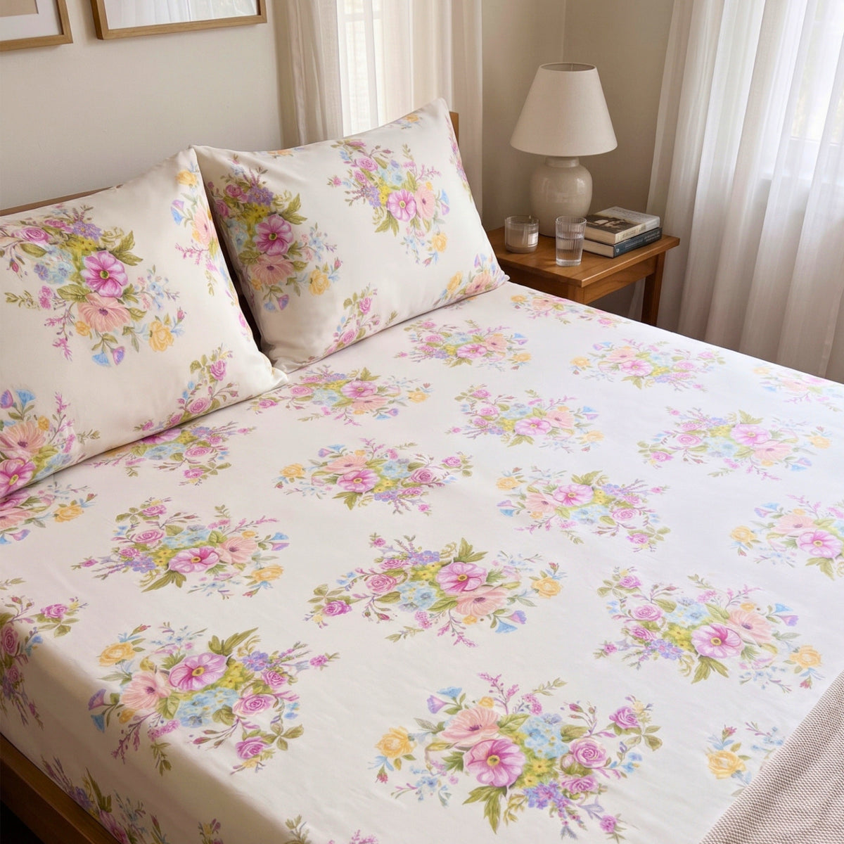 Elegant Floral Print, Soft and Breathable Bedding for a Comfortable and Stylish Bedroom 100% Cotton Bedsheet Set with 2 Pillow Covers, 350TC,
