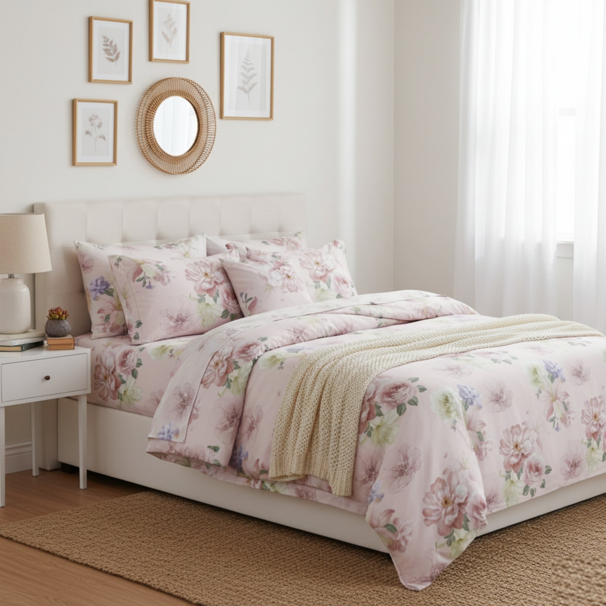 Bedsheet Soft Cotton Double Bed Sheet, Light Cream with Pastel Floral Print, Includes 2 Pillow Covers, Breathable & Durable Bedding S