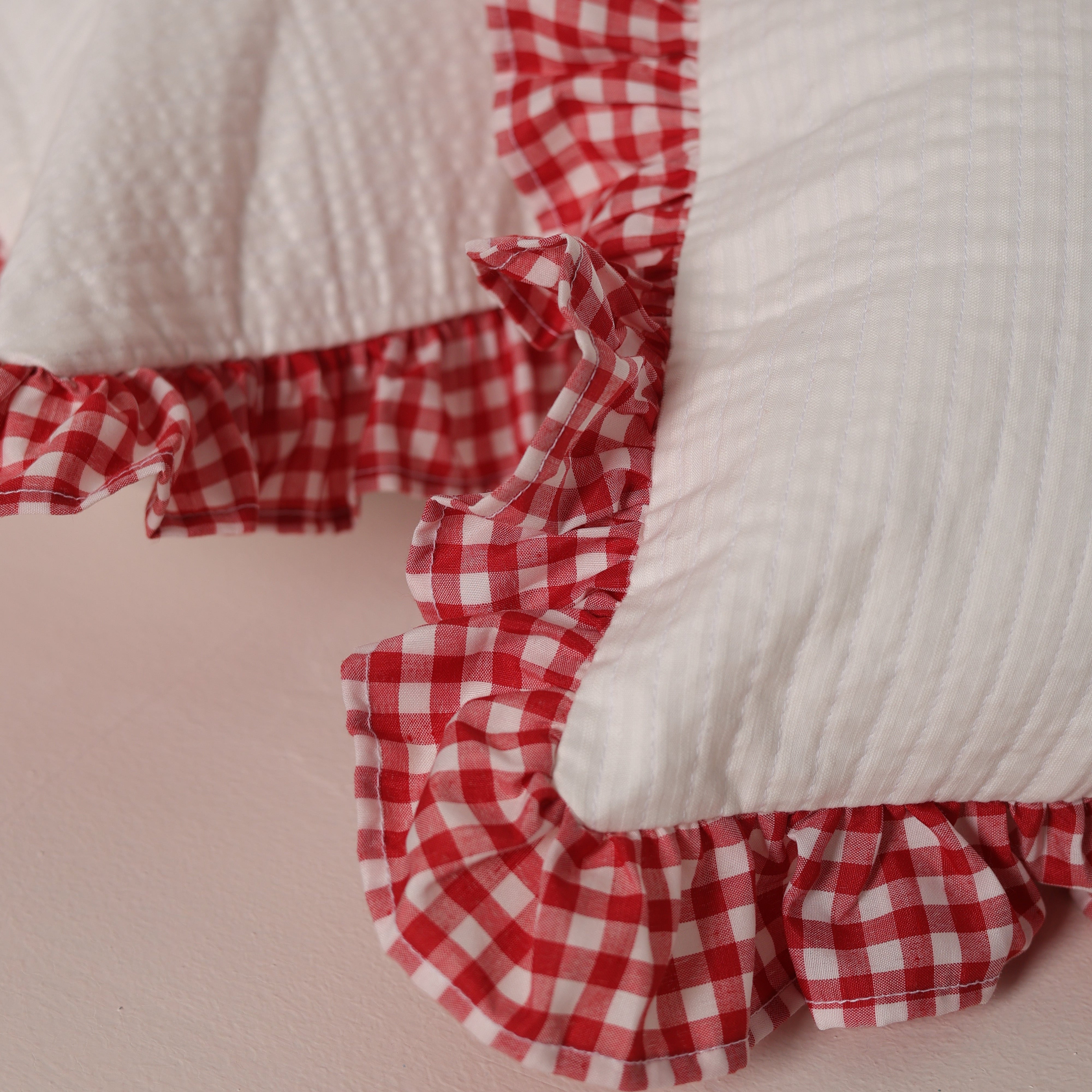 Red Gingham Heart Ruffle Cushion