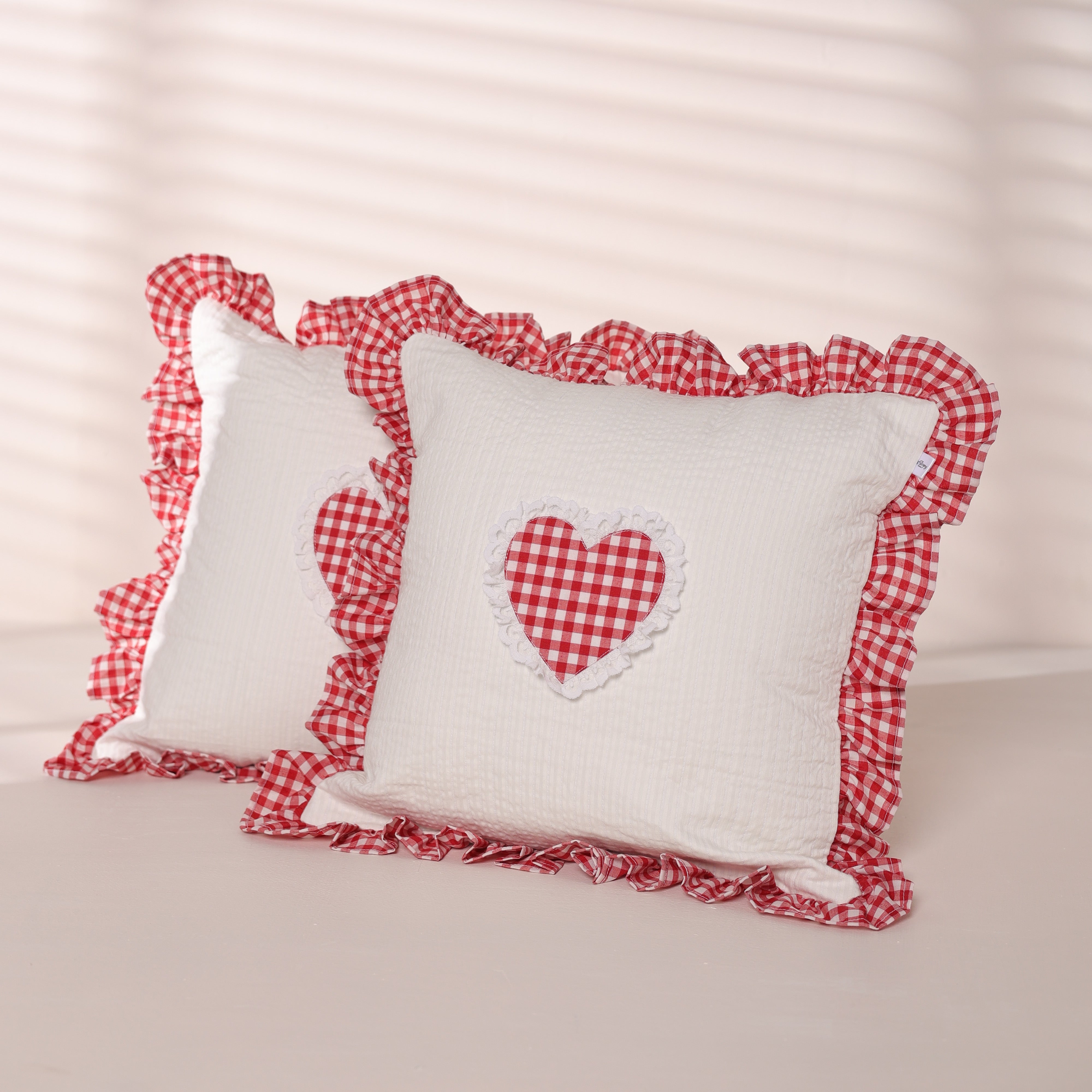 Red Gingham Heart Ruffle Cushion