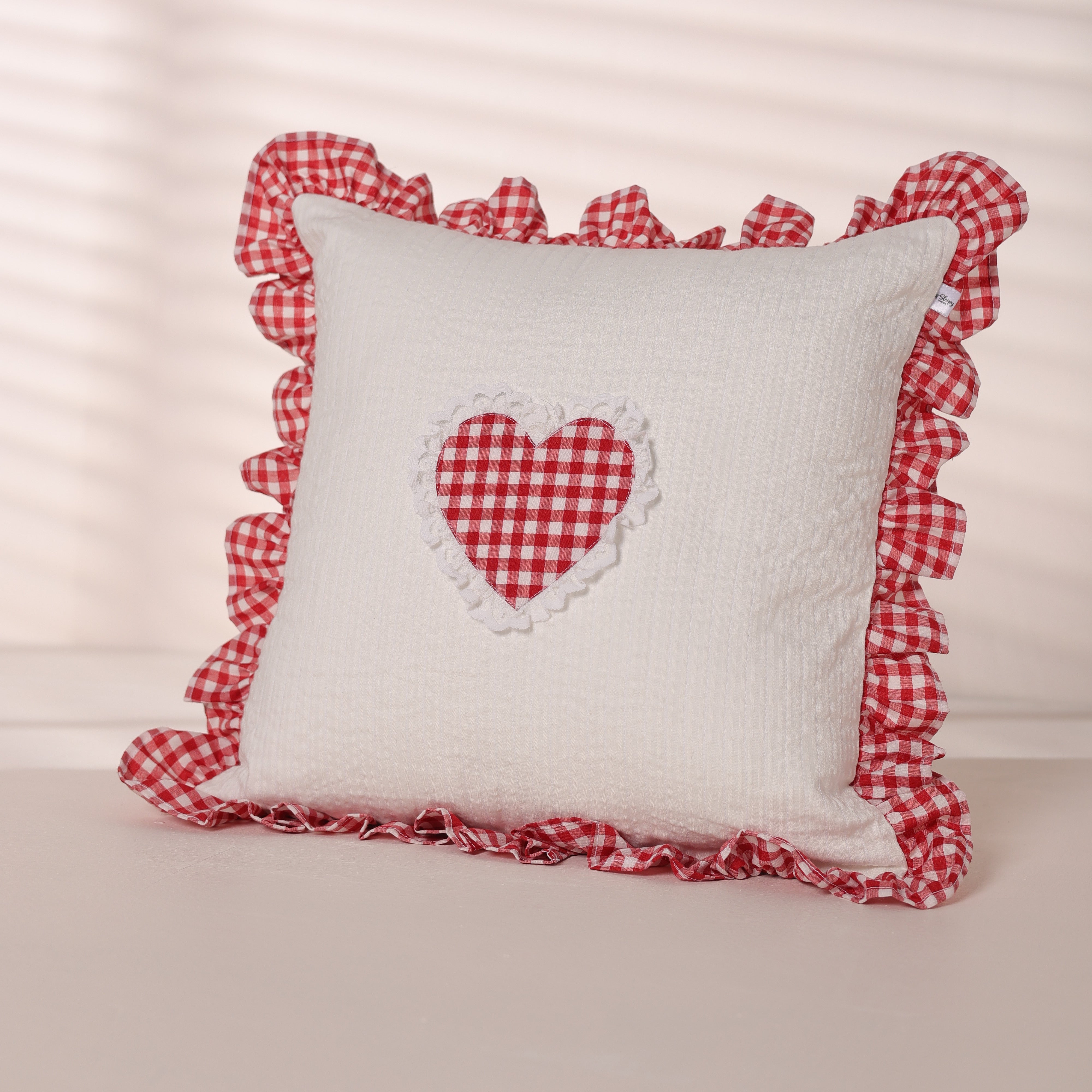 Red Gingham Heart Ruffle Cushion
