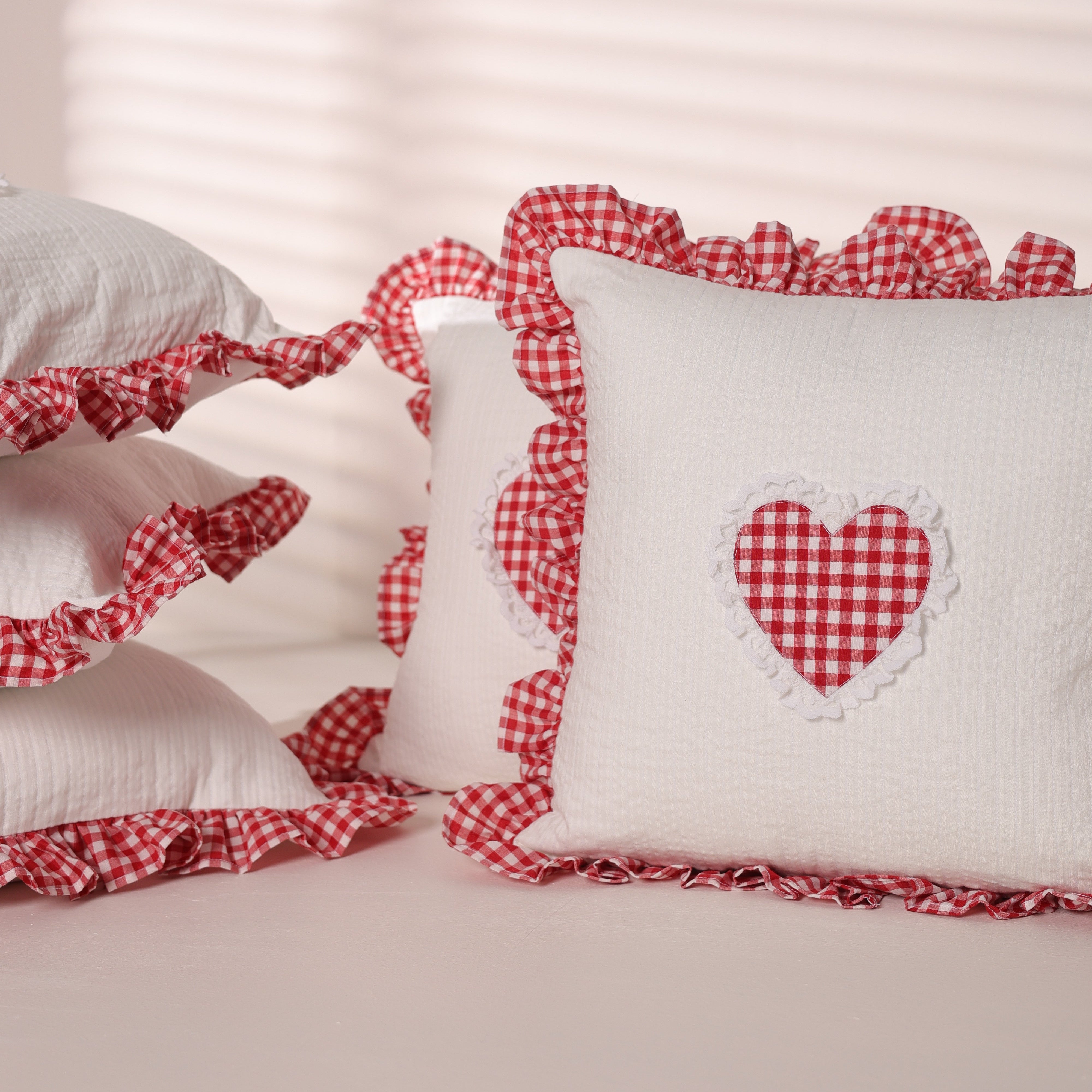 Red Gingham Heart Ruffle Cushion