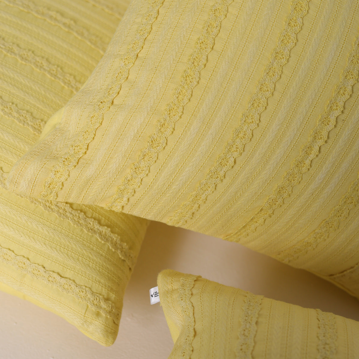 YELLOW DOBBY COTTON CUSHION COVER WITH LACE