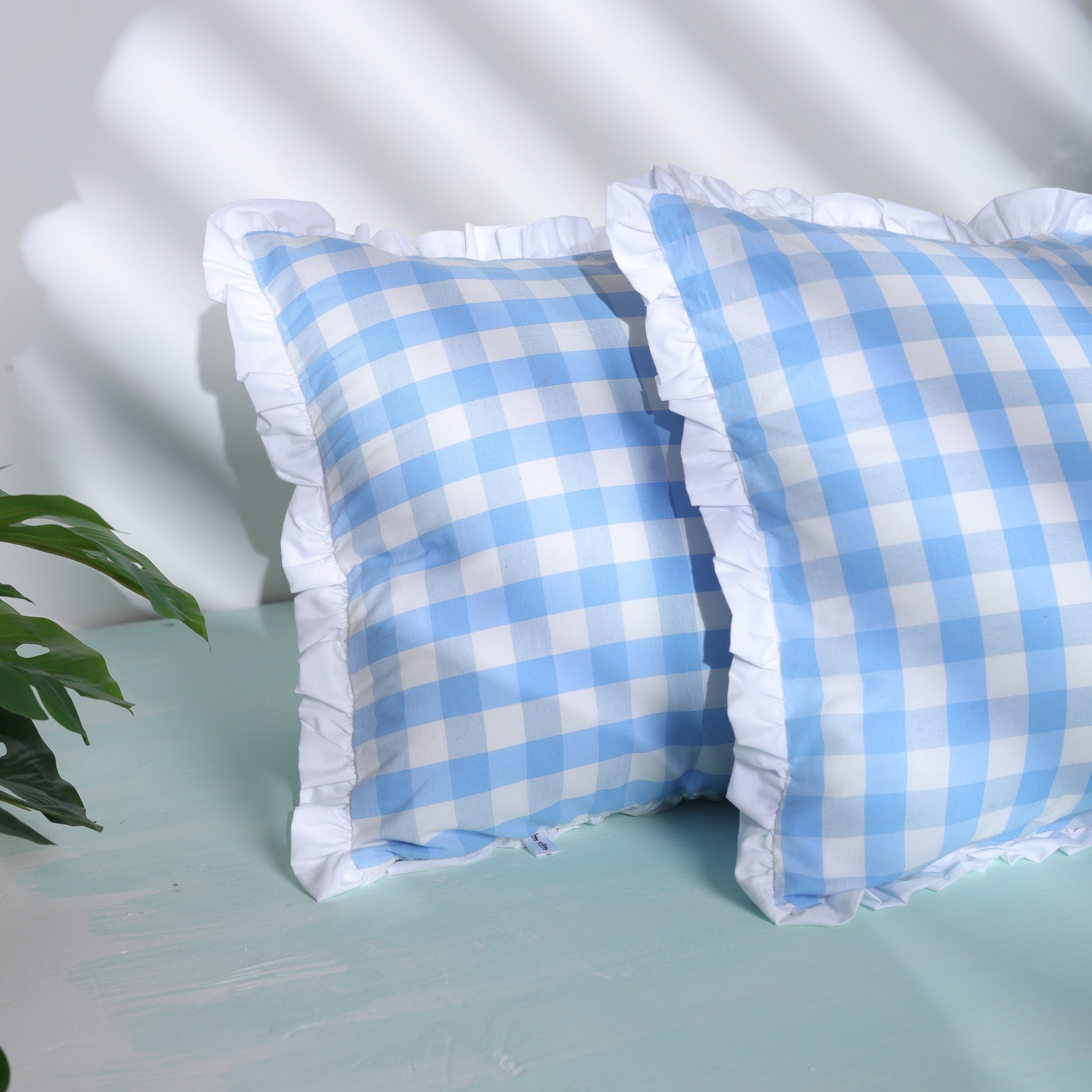 Classic Blue Ghingham Ruffled Cushion Cover