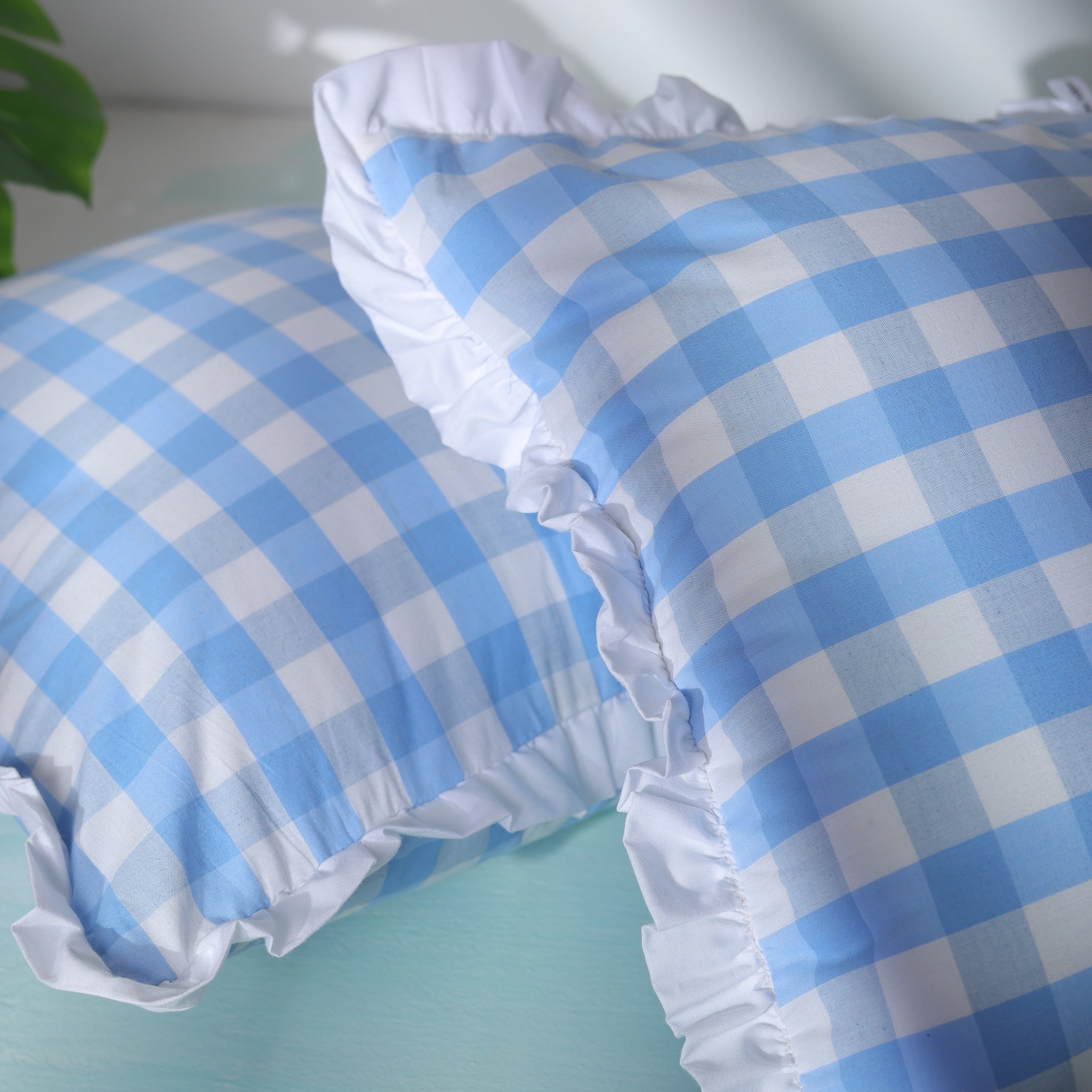 Classic Blue Ghingham Ruffled Cushion Cover