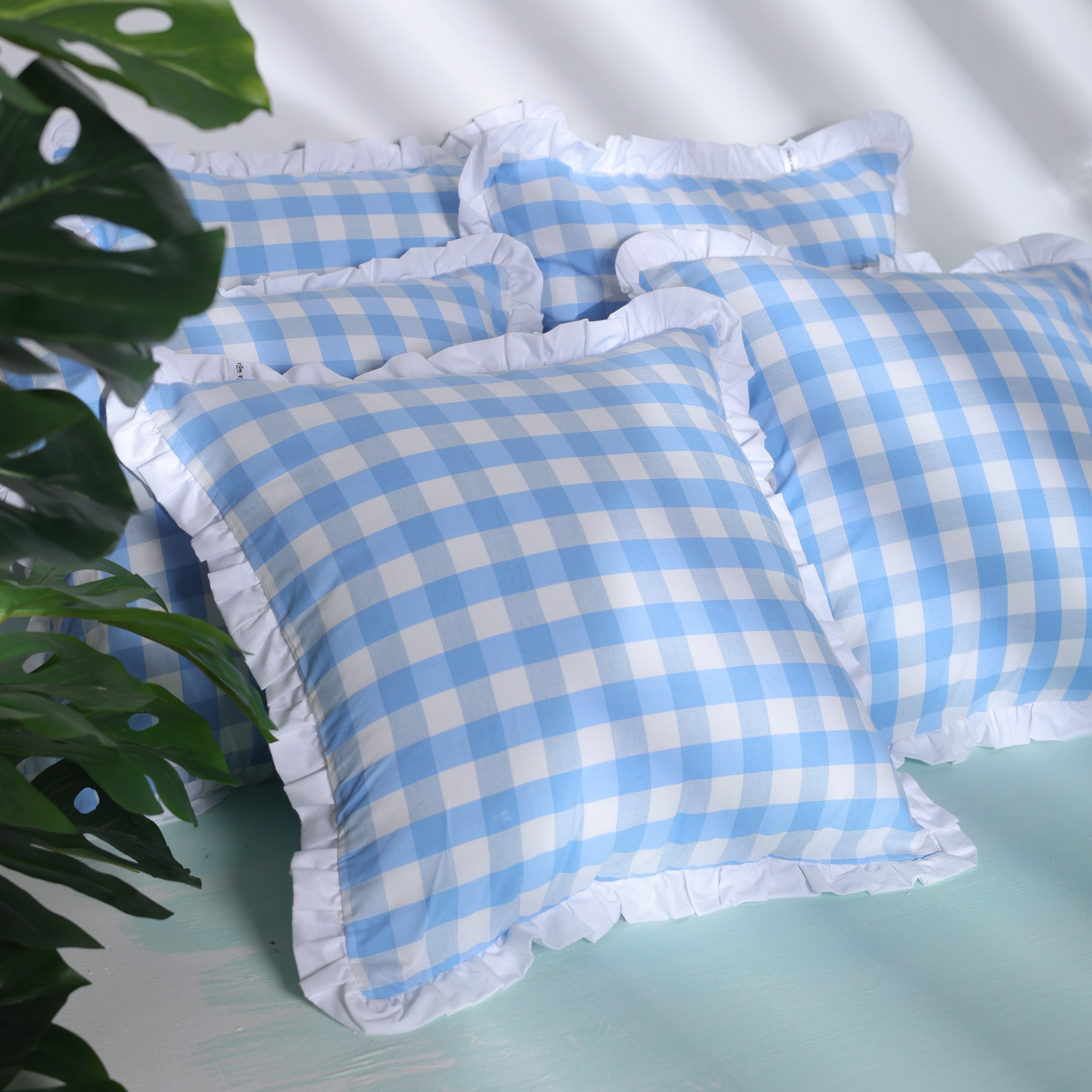 Classic Blue Ghingham Ruffled Cushion Cover
