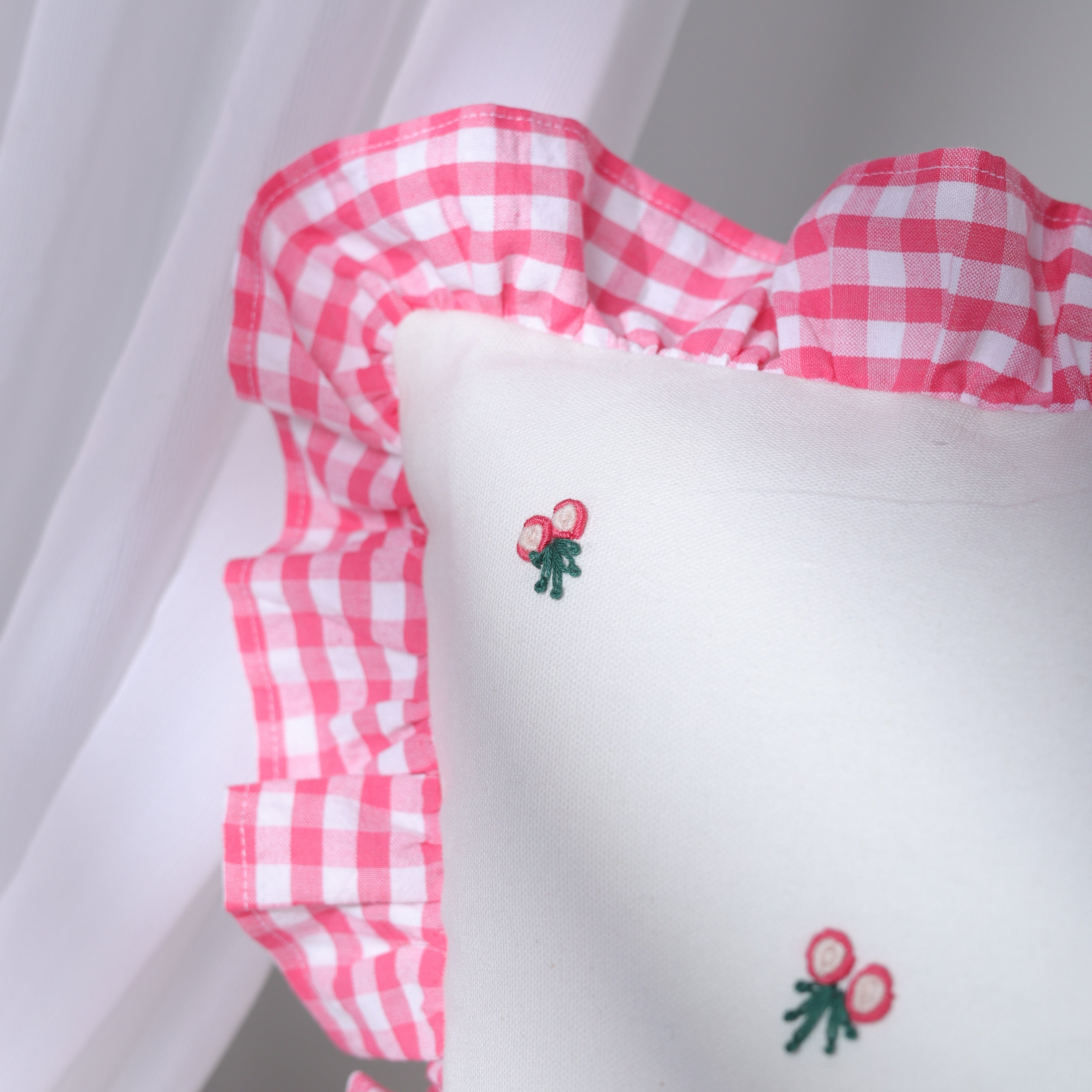 Gingham Ruffle Hand Embroidered Cushion Cover