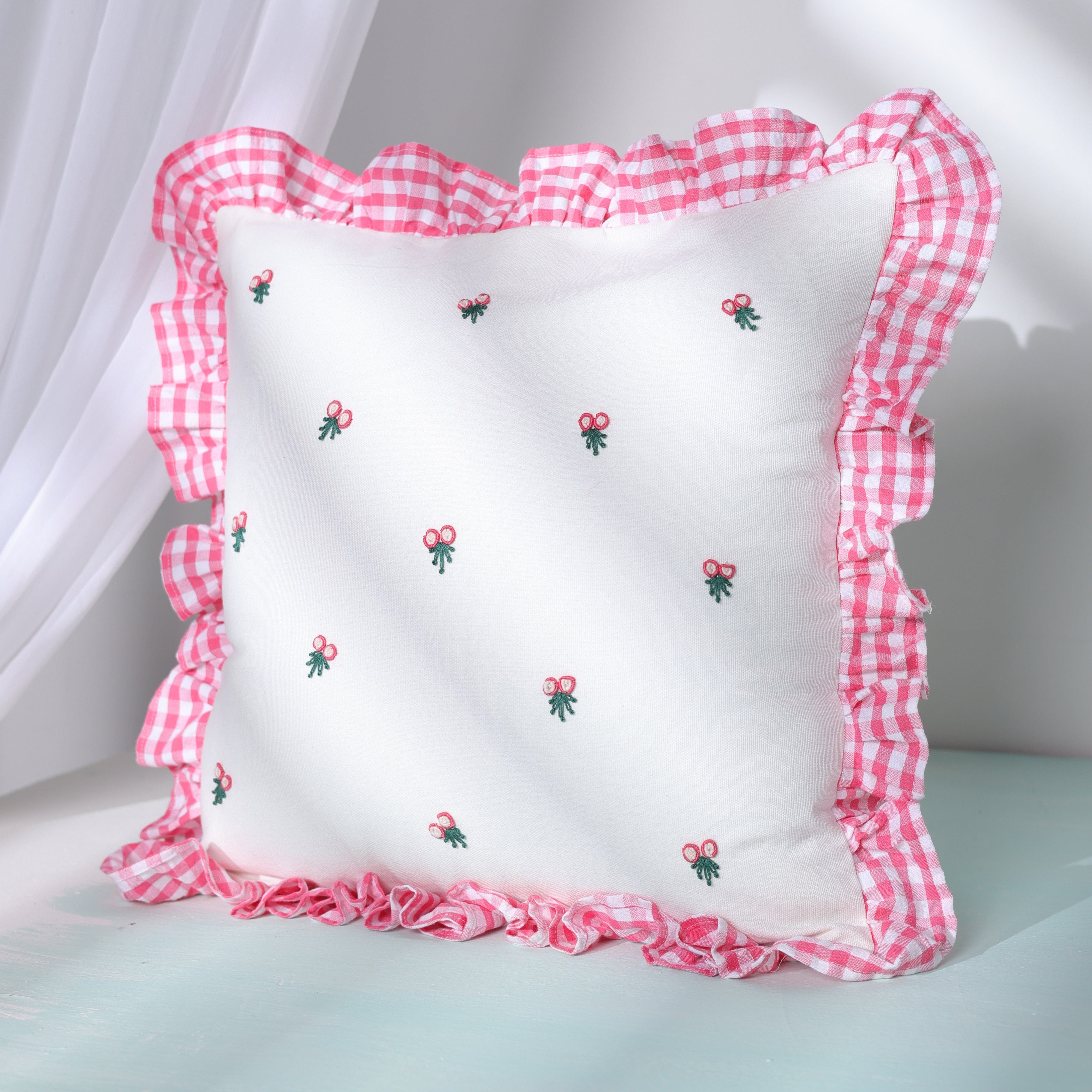 Gingham Ruffle Hand Embroidered Cushion Cover