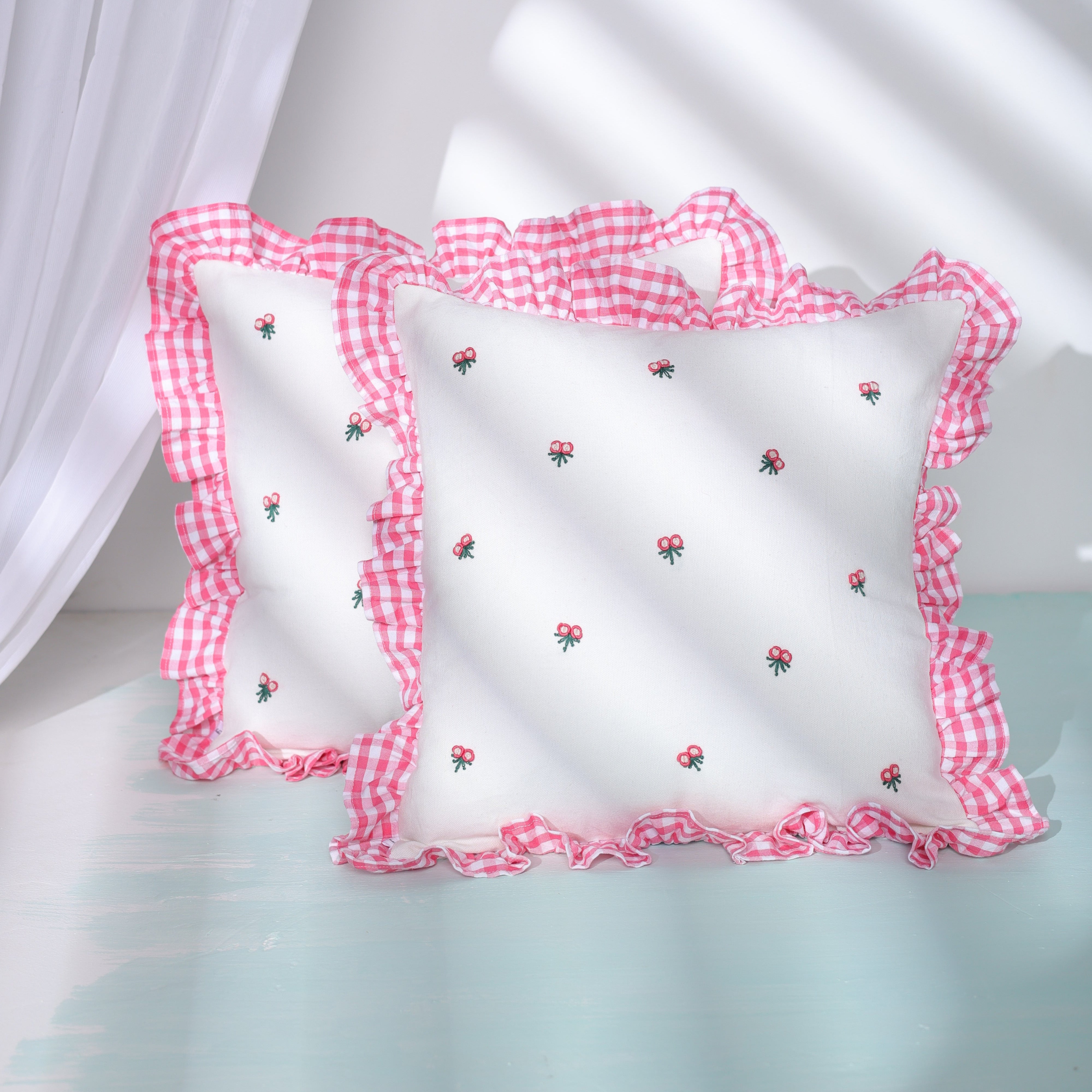 Gingham Ruffle Hand Embroidered Cushion Cover