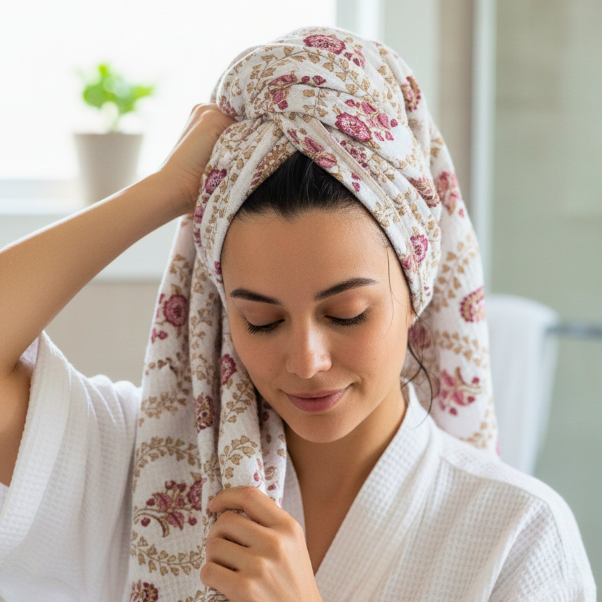Waffle Weave Towel Set | Screen Print Pink & Gold Floral Vine | Super Absorbent Bath Towel 2 Hand Towels