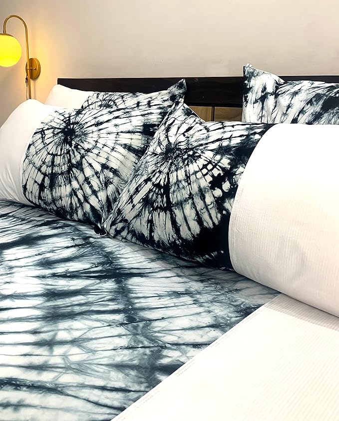 Sleepy Threads Cotton Bedsheet for Double Bed | Breathable Wrinkel Free, 200 TC Black and White Bedsheet alongwith 2 Soft Pillow Covers with Tie and Dye Pattern for Comfort Sleep
