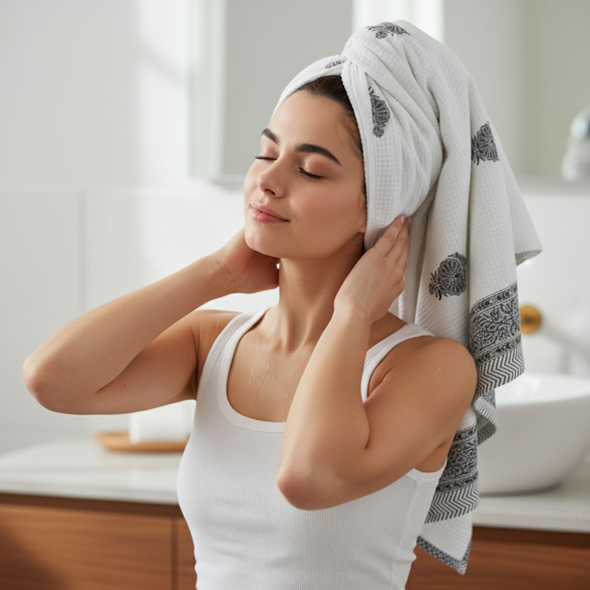 Waffle Weave Cotton Bath Towel | Hand Block Printed Indigo Blue Floral Motif | Super Absorbent, Soft & Quick Dry Bath