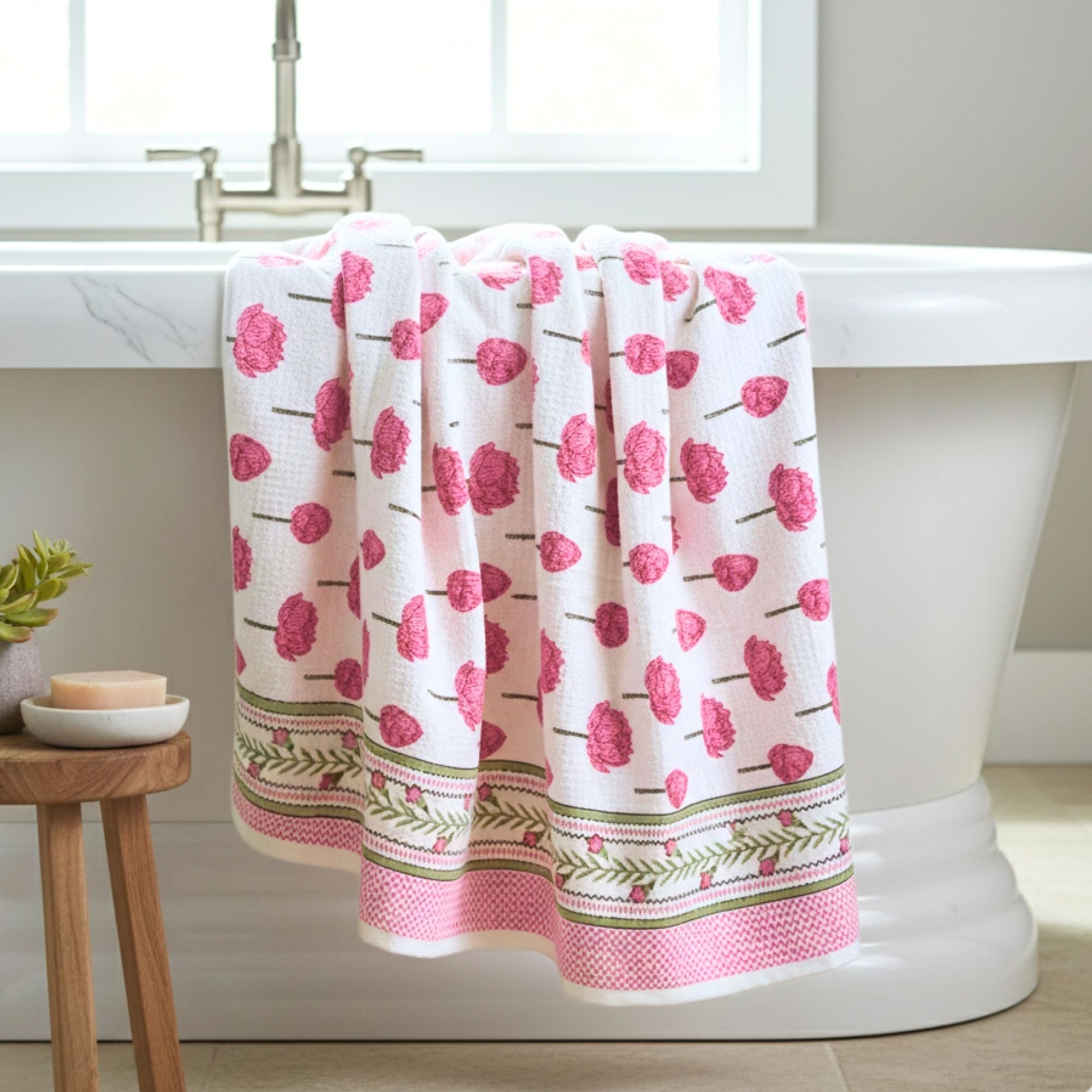 Waffle Weave Towel Set | Screen Print Red Floral Bud Motif | Super Absorbent Bath Towel 2 Hand Towels