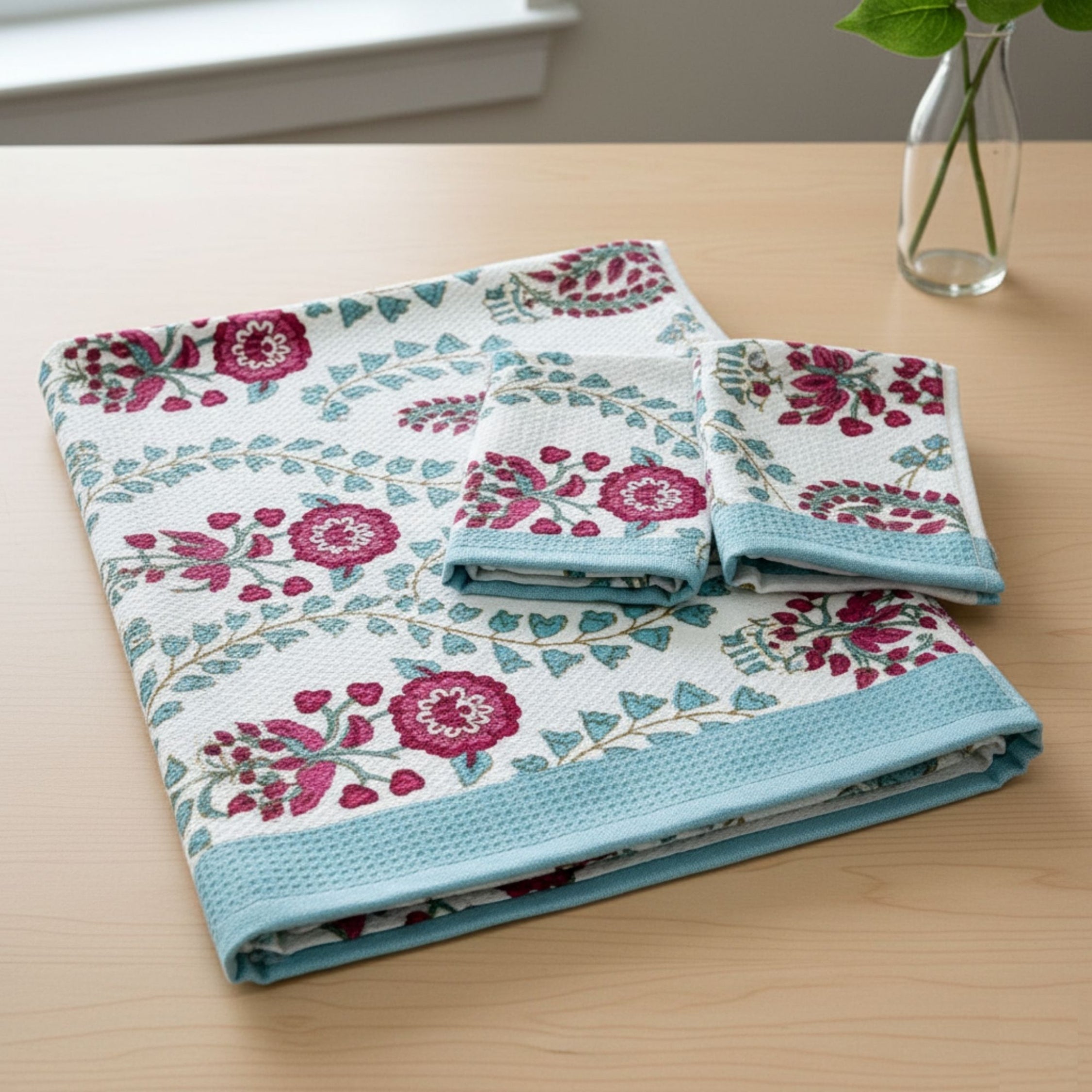 Waffle Weave Towel Set | Screen Print Hot Pink & Sky Blue Floral | Super Absorbent Bath Towel 2 Hand Towels