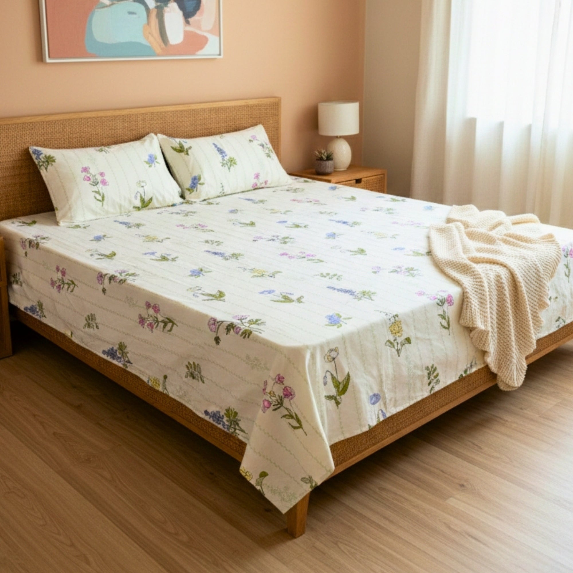 King Size Blended Cotton Bedsheet Multicolor Floral Print, Soft & Breathable Double BedSheet.