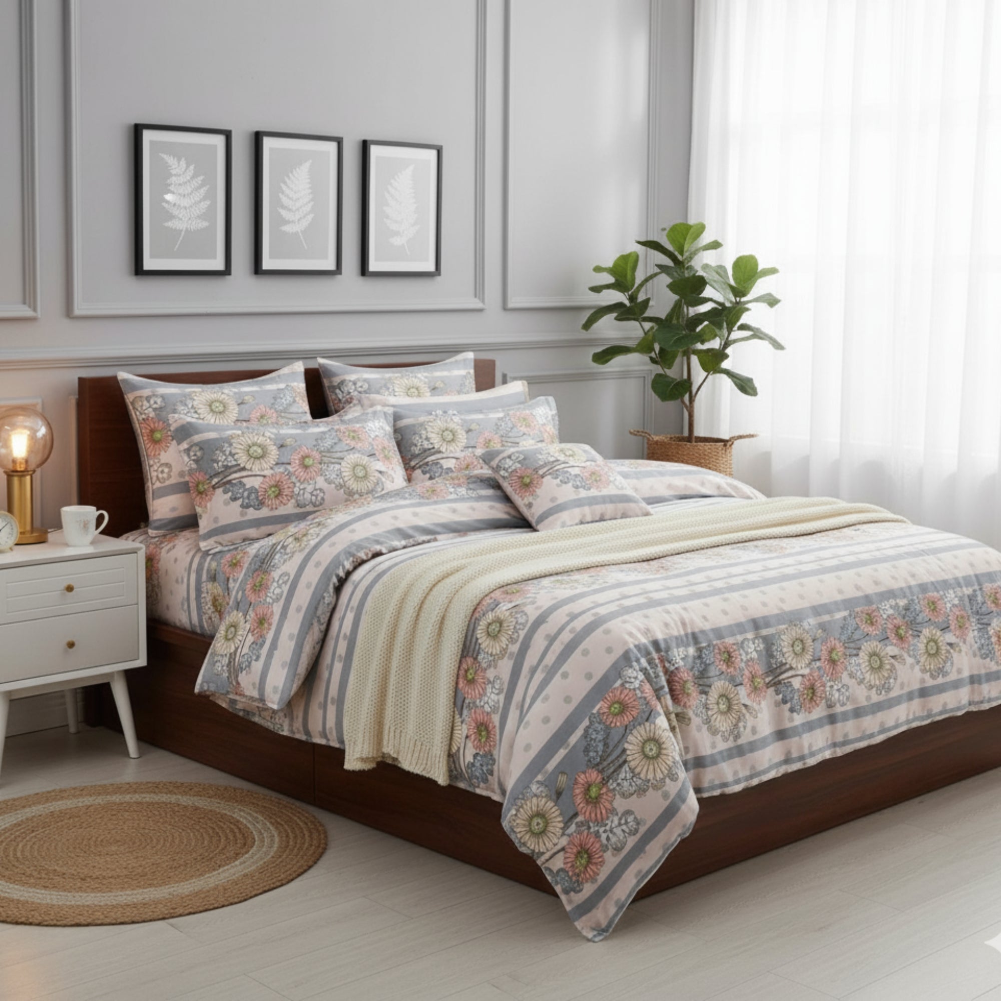 Bedsheet for Double Bed Dusty Blue & Pink with Elegant Floral Print.