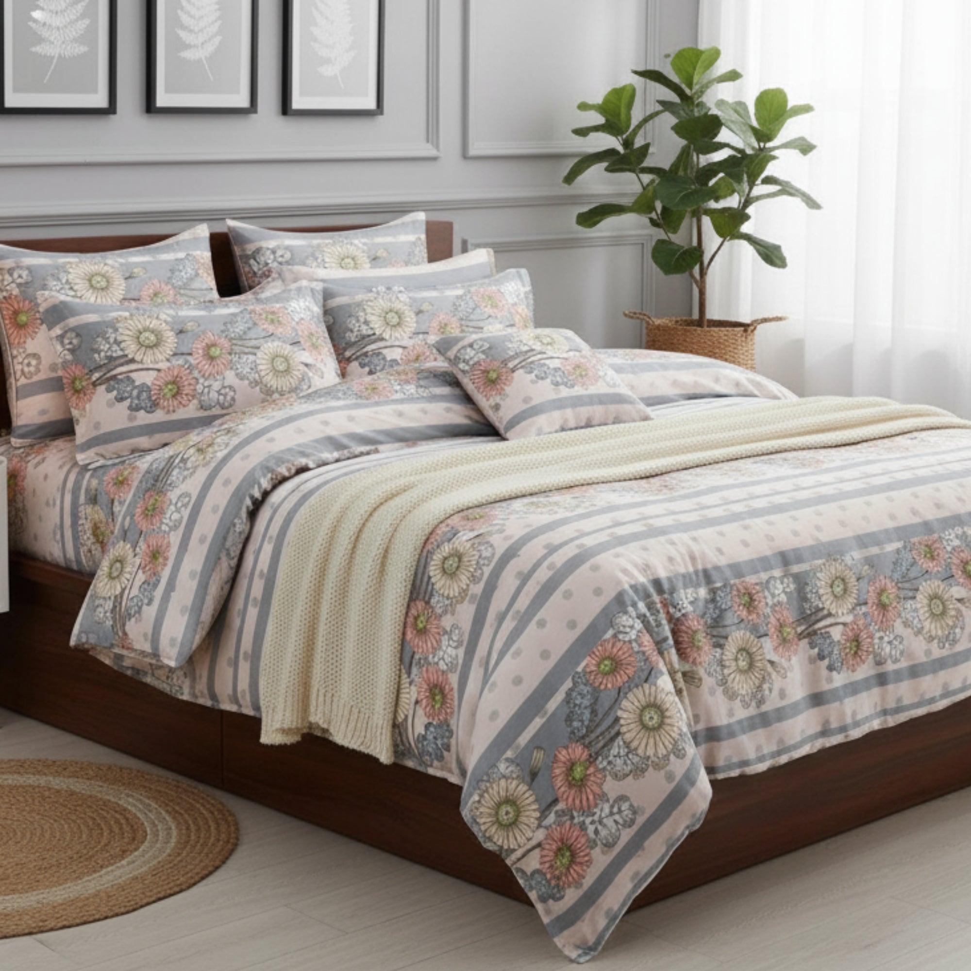 Bedsheet for Double Bed Dusty Blue & Pink with Elegant Floral Print.