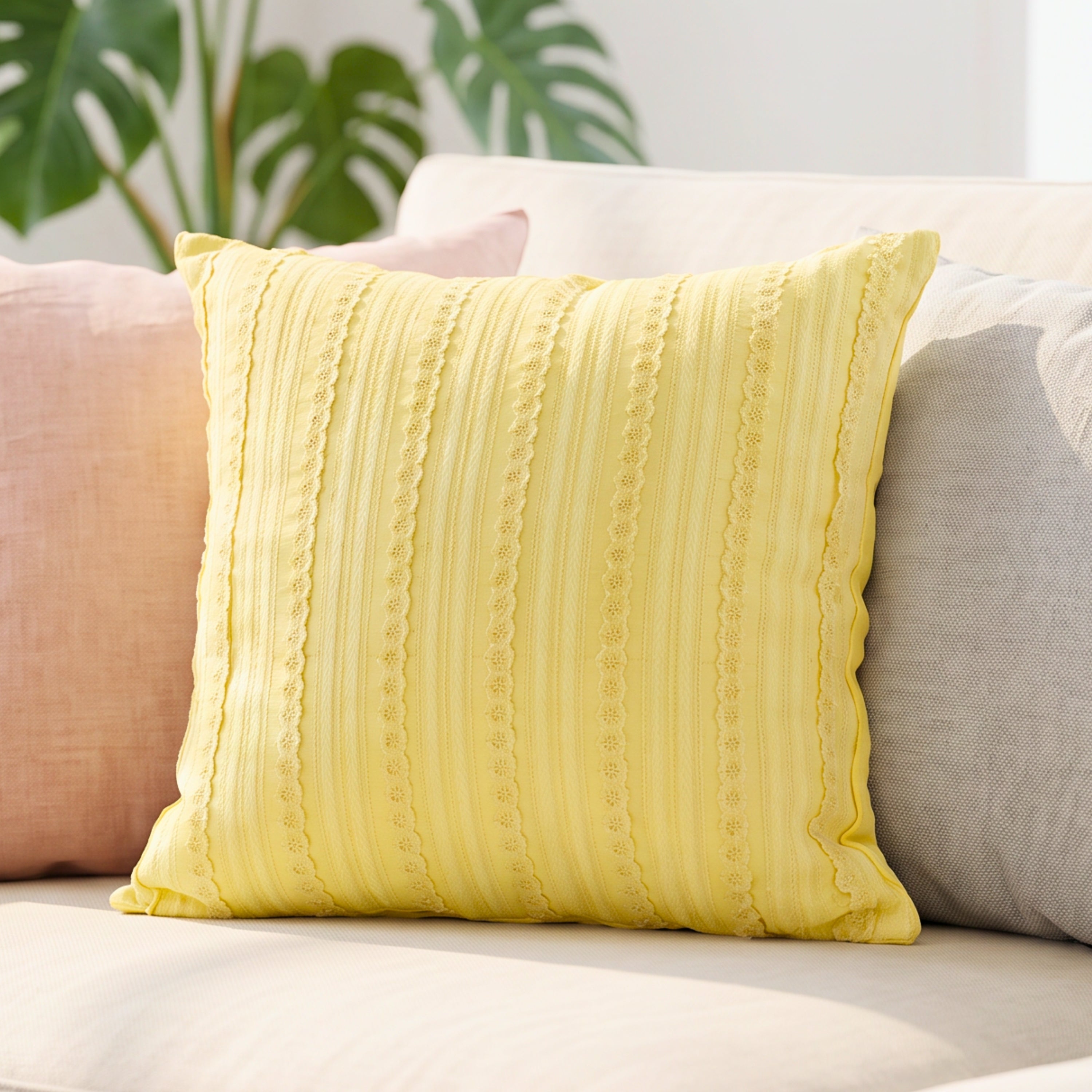 YELLOW DOBBY COTTON CUSHION COVER WITH LACE