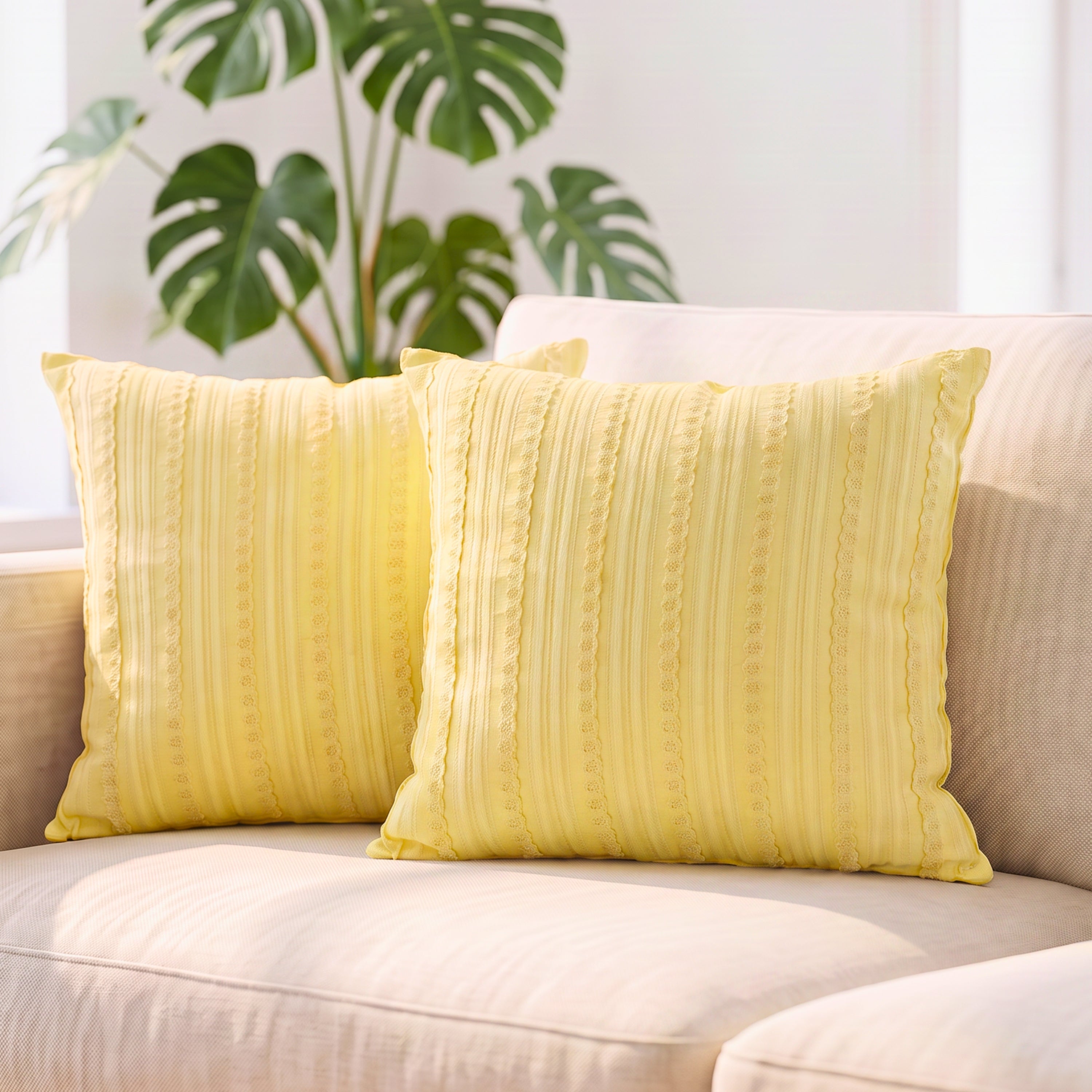 YELLOW DOBBY COTTON CUSHION COVER WITH LACE