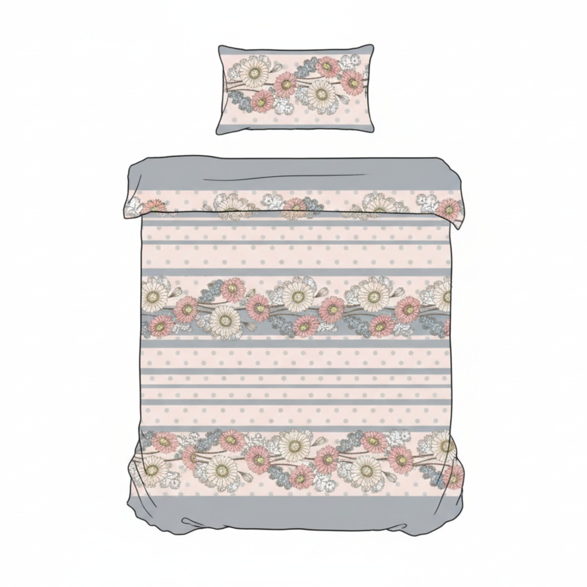 Bedsheet for Double Bed Dusty Blue & Pink with Elegant Floral Print.