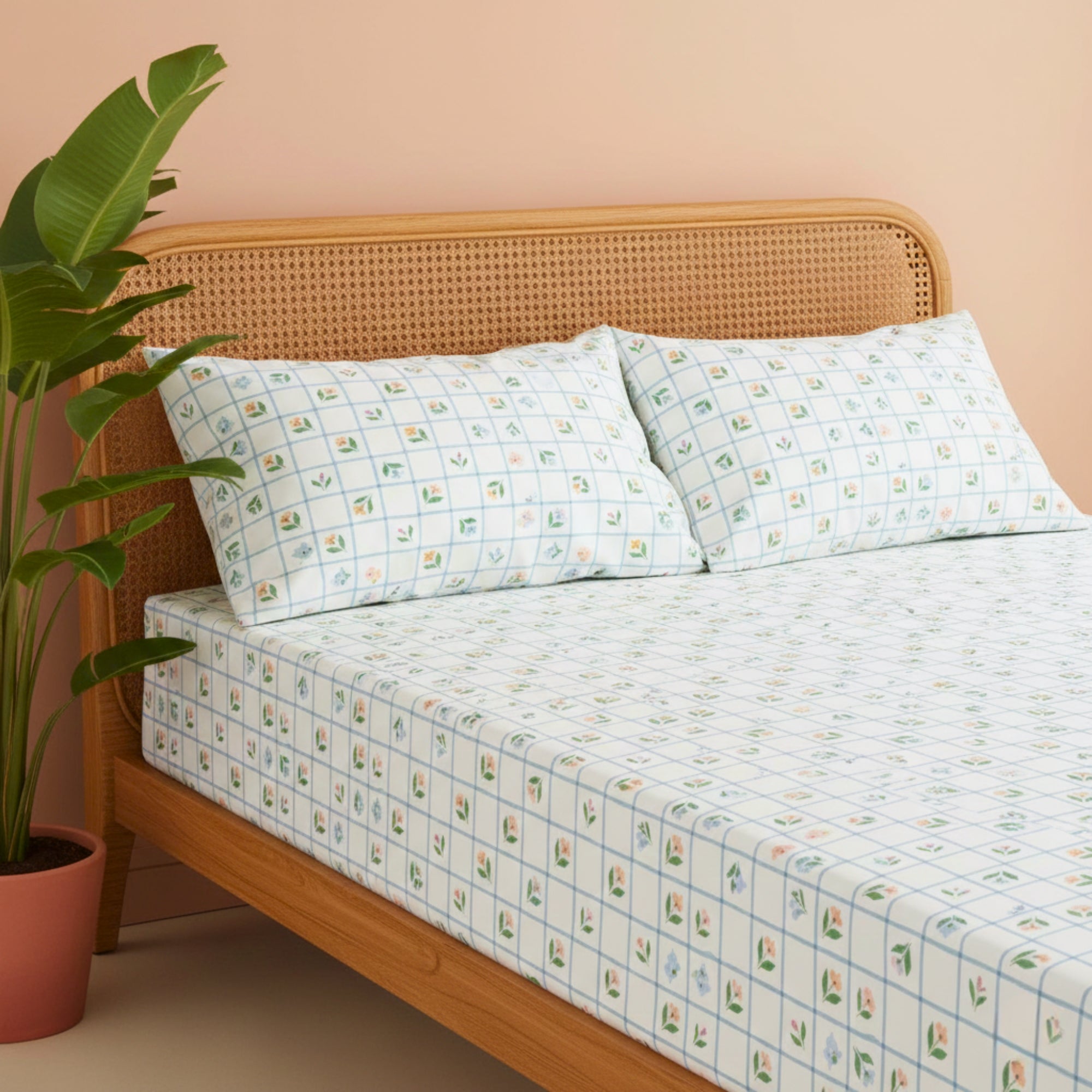 Sage Green & White Grid Pattern with Dainty Floral Screen Print – Soft, Breathable Flat Sheet