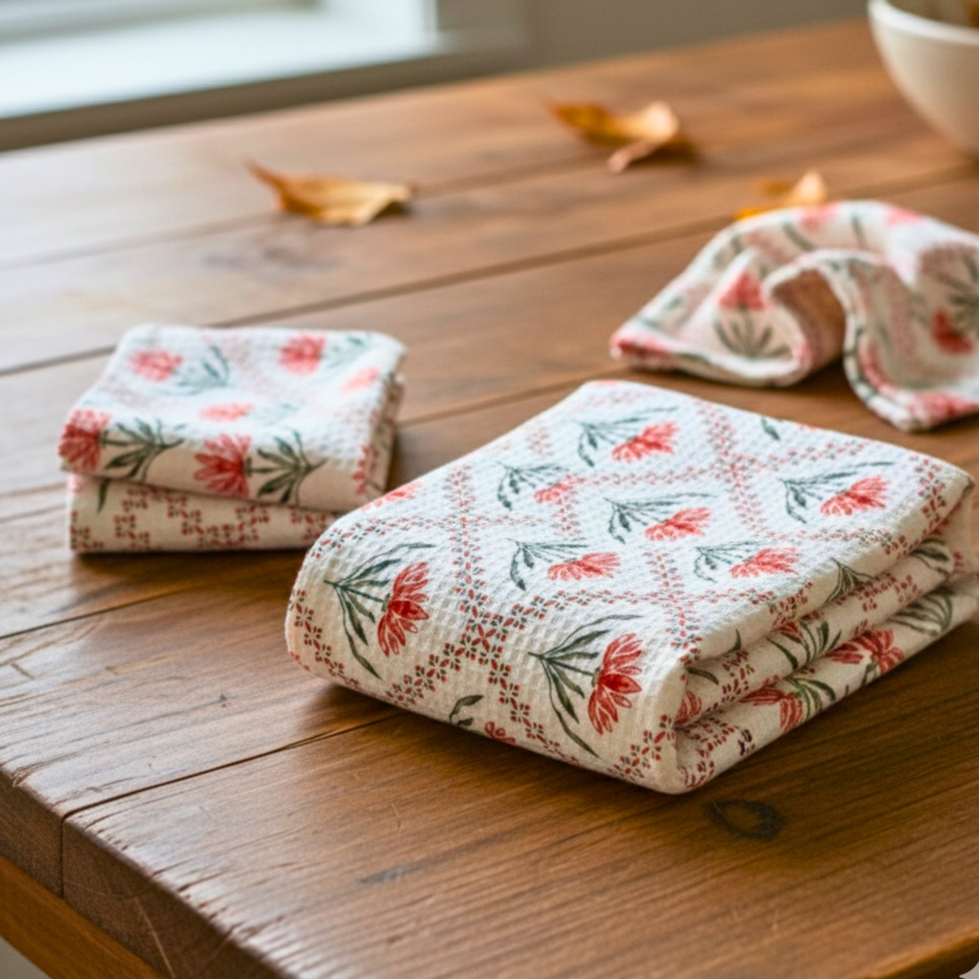 Waffle Weave Towel Set | Screen Print Red Floral Diamond Geometric | Super Absorbent Bath Towel 2 Hand Towels