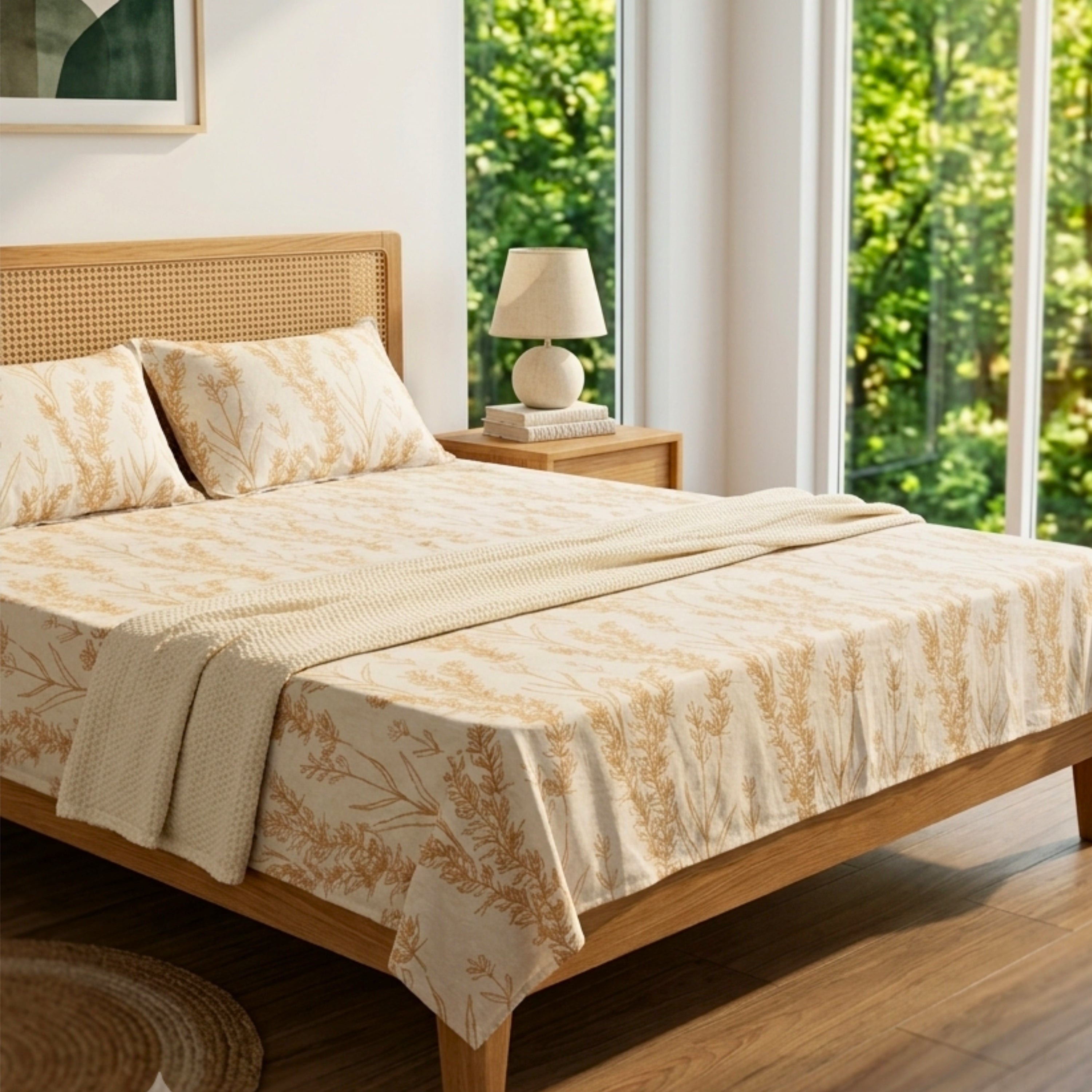 King Size Bedsheet Light Beige Bedsheet with Golden Brown Leaf Print – Soft & Breathable Double BedSheet