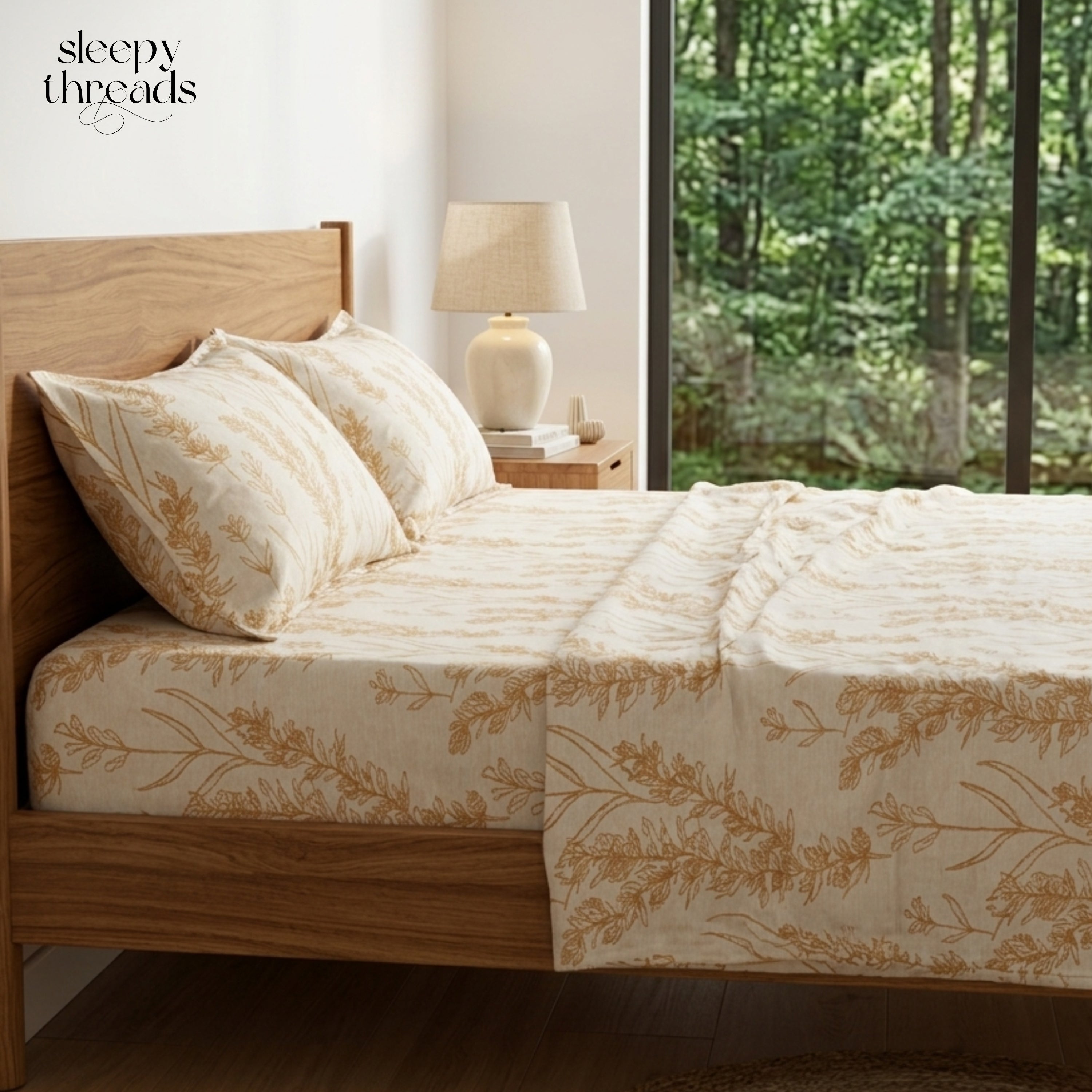 King Size Bedsheet Light Beige Bedsheet with Golden Brown Leaf Print – Soft & Breathable Double BedSheet