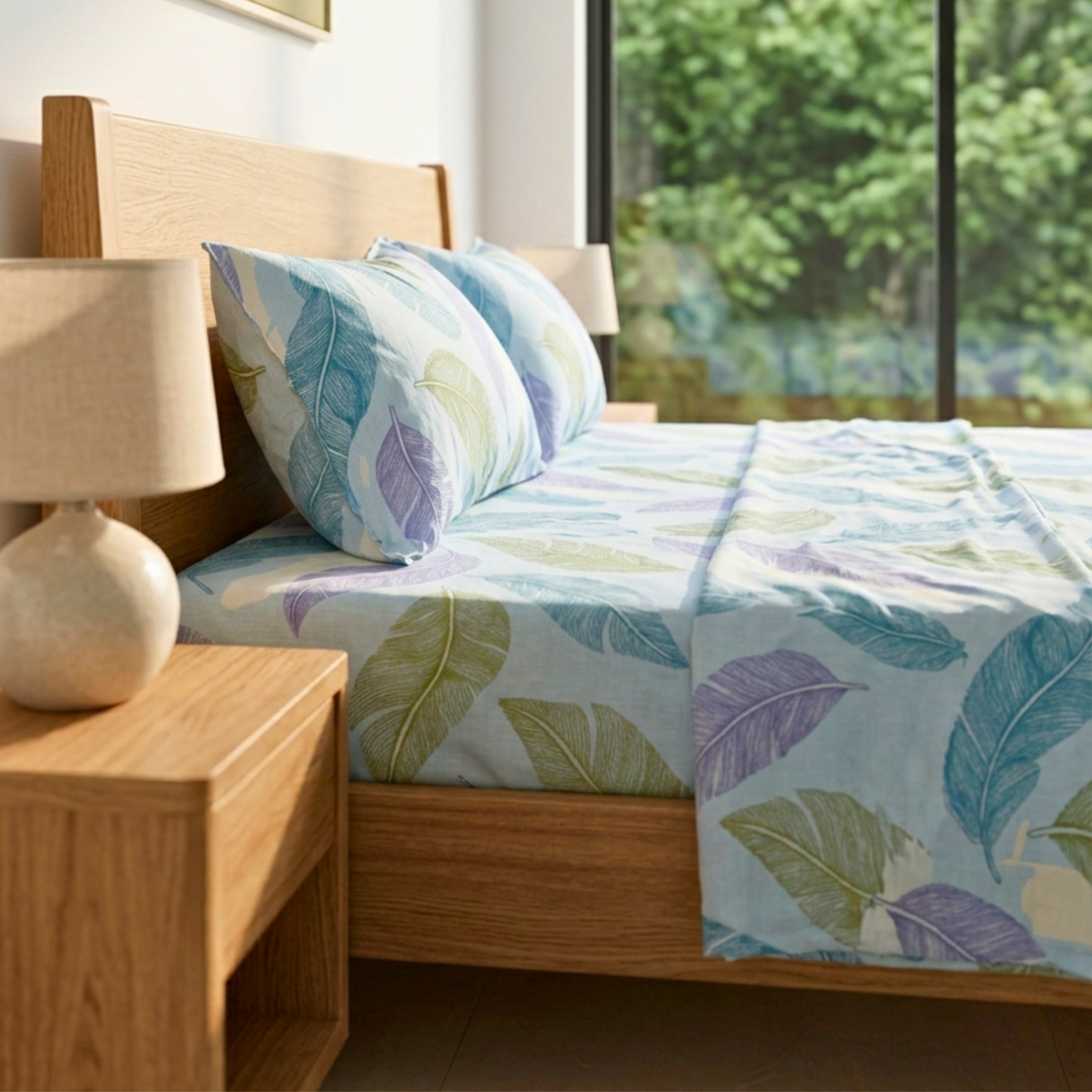 Bedsheet for Double Bed Blue, Green & Purple Leaf Print  King Size.