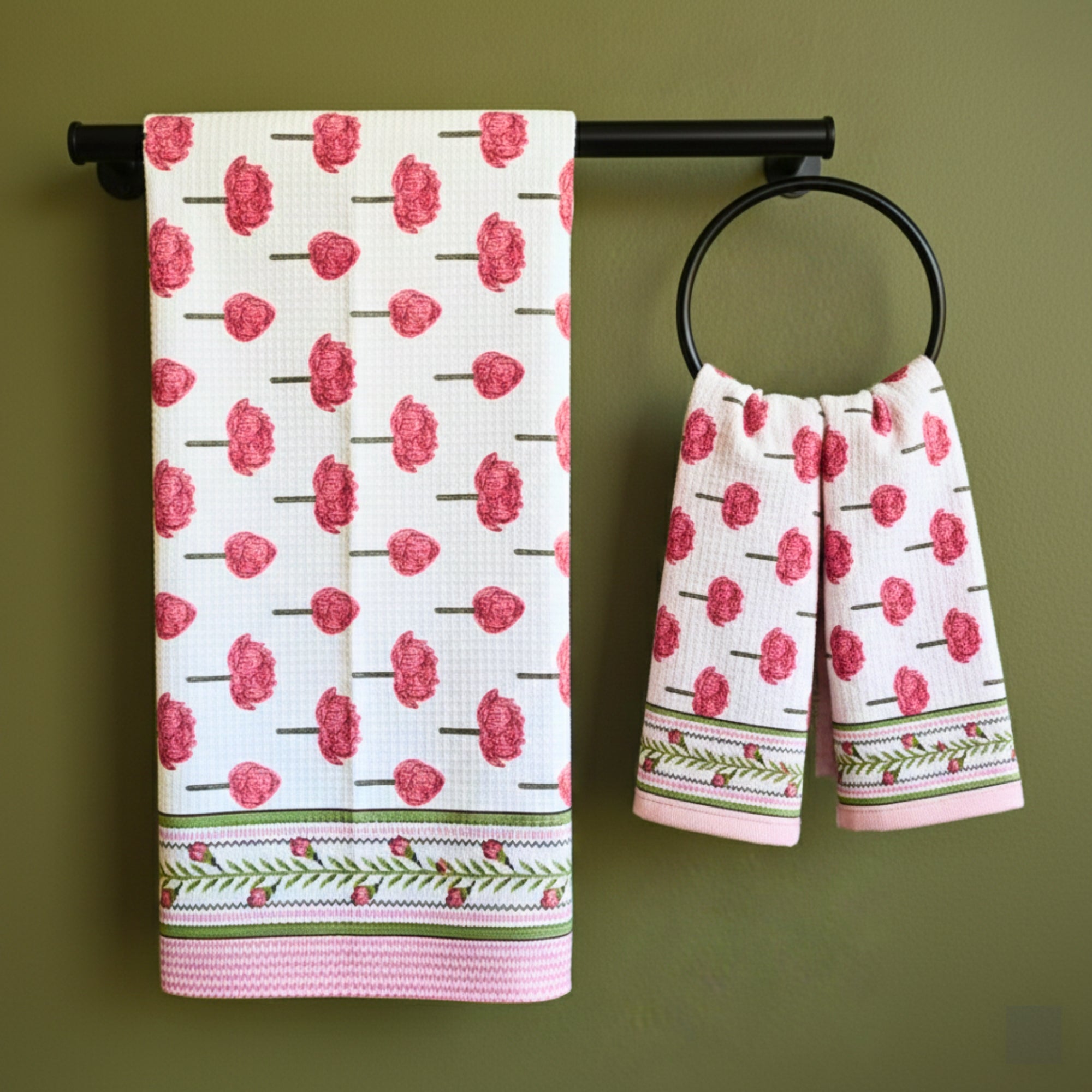 Waffle Weave Towel Set | Screen Print Red Floral Bud Motif | Super Absorbent Bath Towel 2 Hand Towels