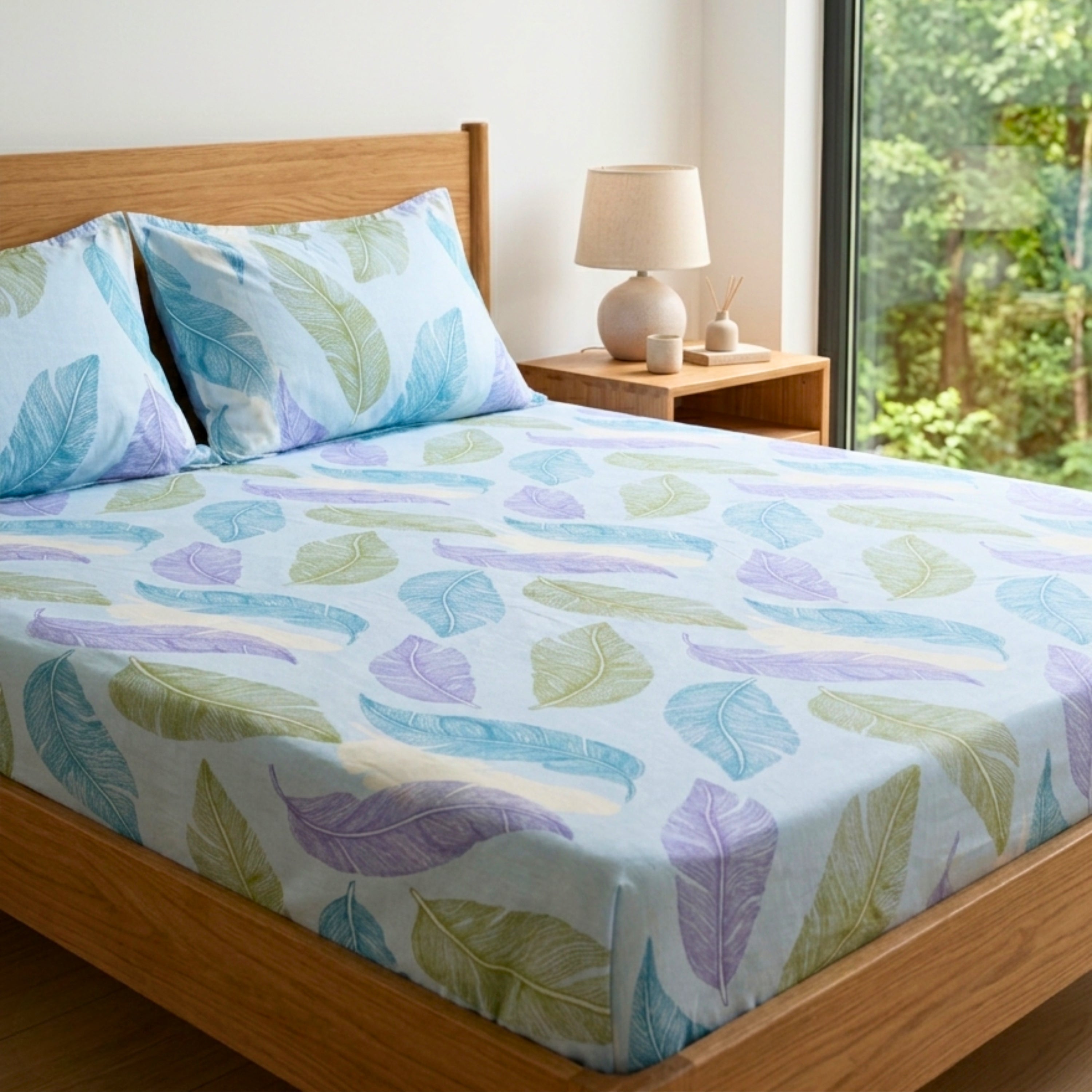 Bedsheet for Double Bed Blue, Green & Purple Leaf Print  King Size.