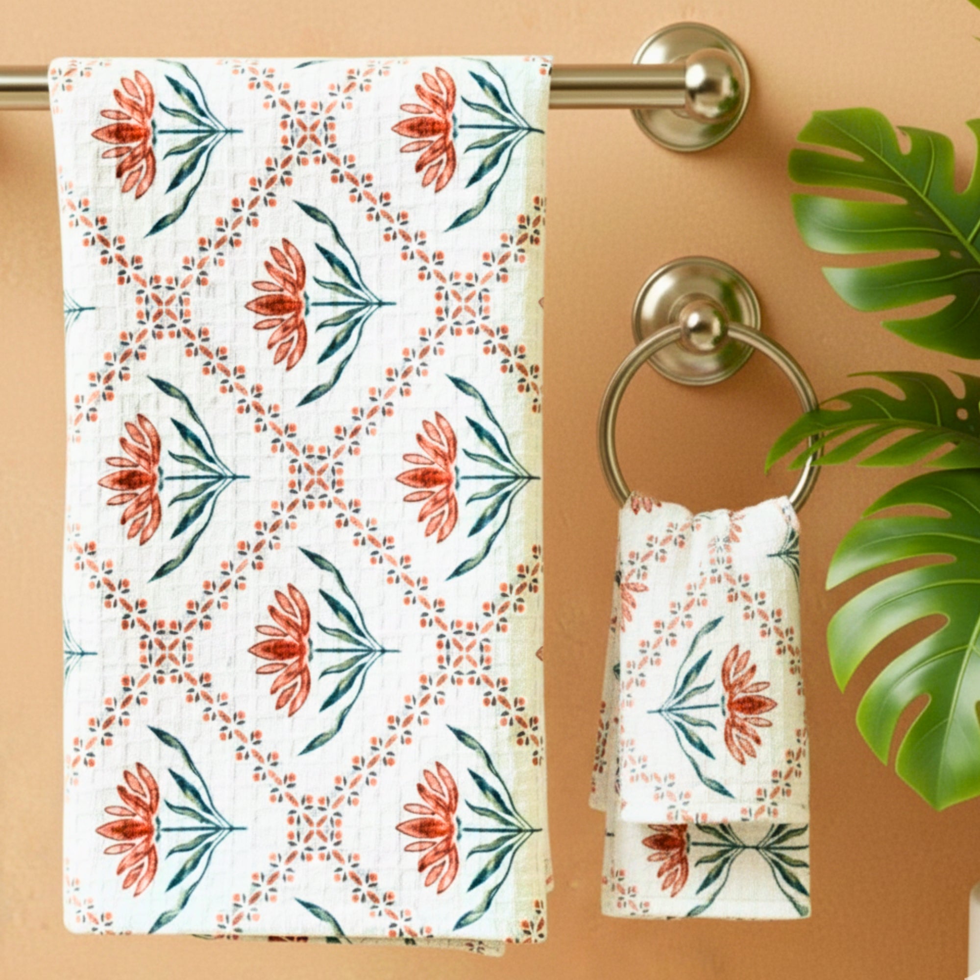 Waffle Weave Towel Set | Screen Print Red Floral Diamond Geometric | Super Absorbent Bath Towel 2 Hand Towels