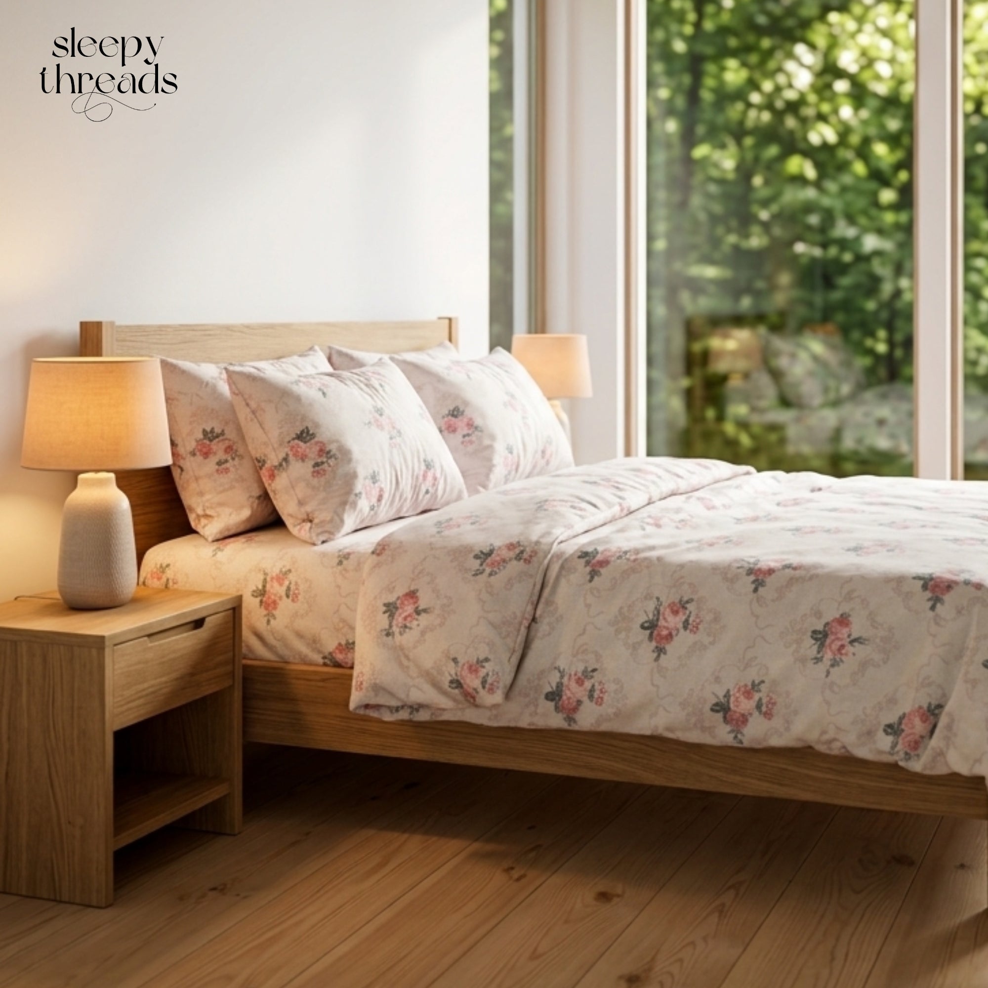 Bedsheet for Double Bed Grey Floral Print Poly Cotton Queen Size Flat Sheet.