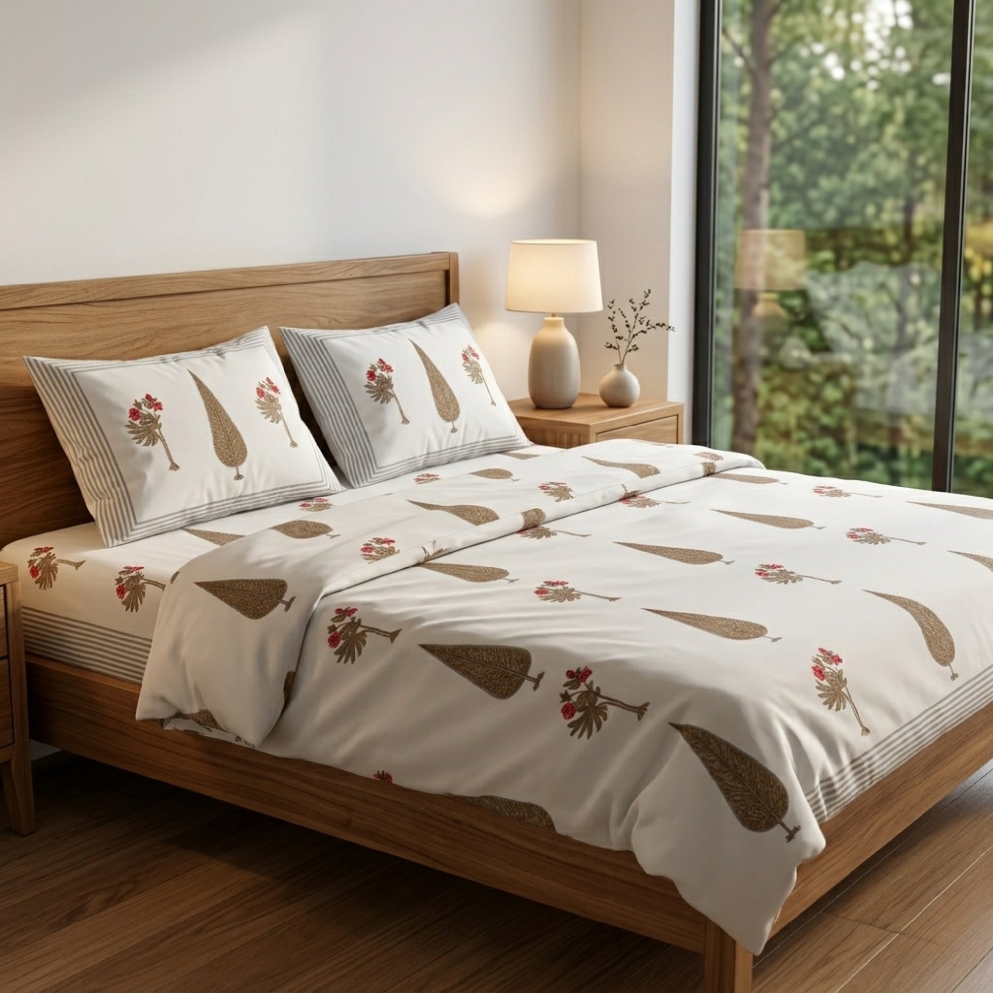 Elegant Floral Printed King Size Cotton Bedsheet Set with Matching Pillow Covers